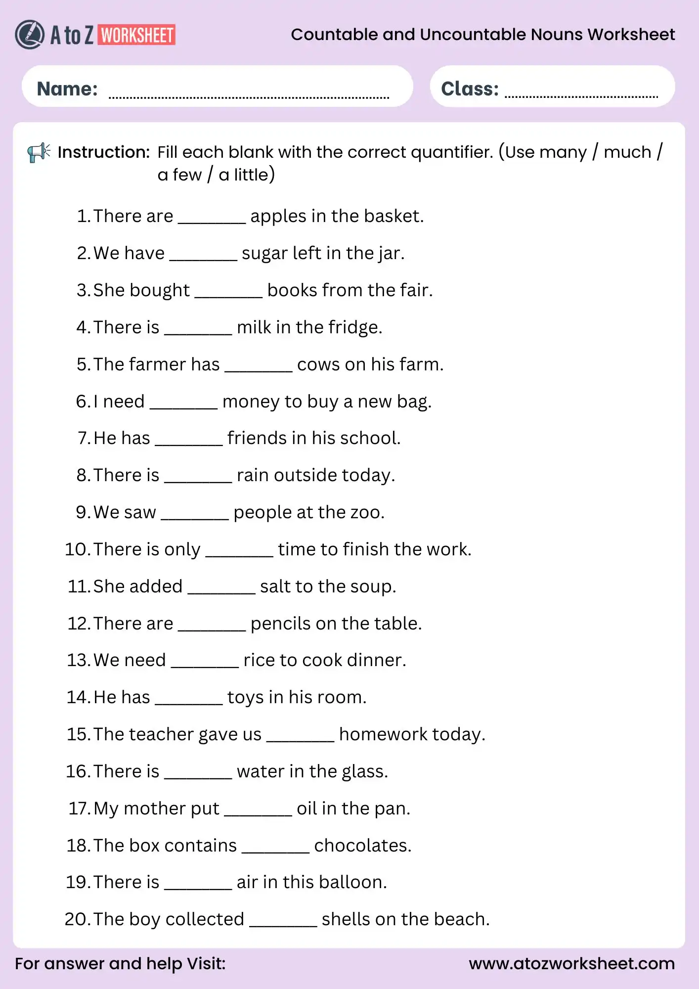 countable and uncountable nouns worksheets fill in the blanks exercise
