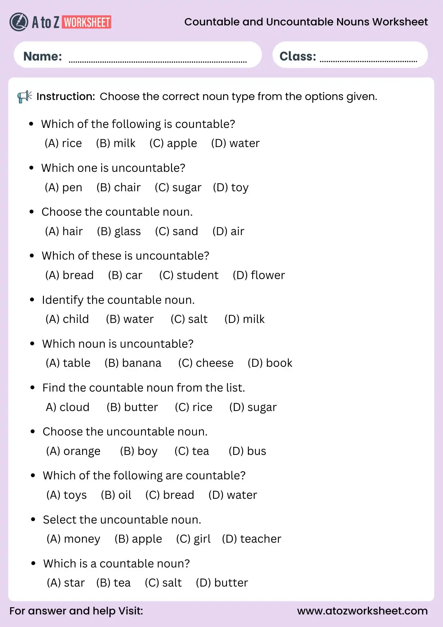 countable and uncountable nouns worksheets mcq for grade 3 students