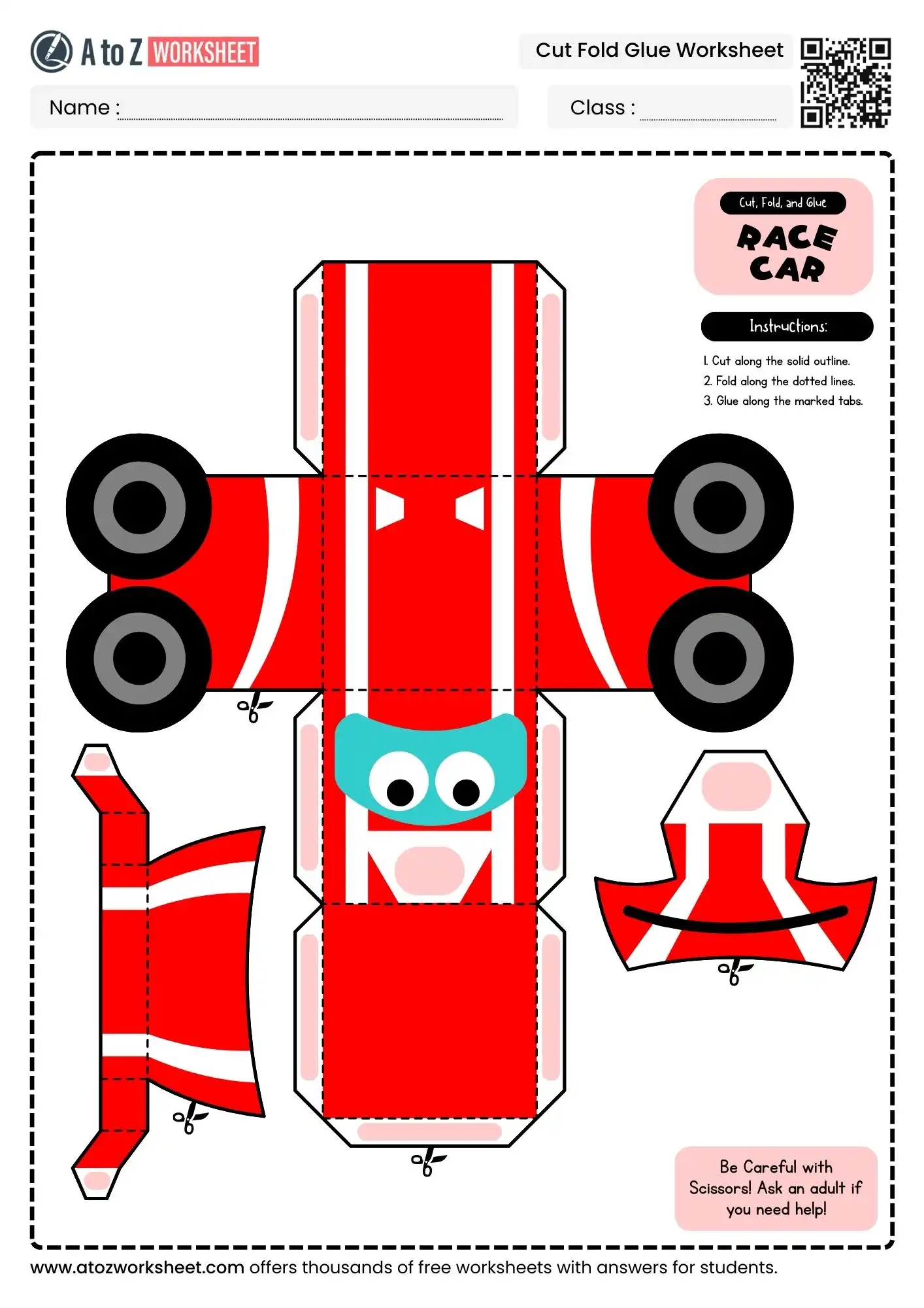 printable racing car design sheet in a set of cut fold glue DIY craft worksheets.
