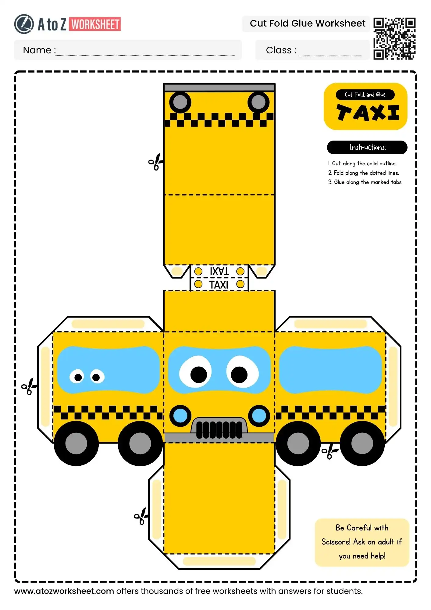 yellow city taxi cab layout template within a pack of cut fold glue DIY craft worksheets.