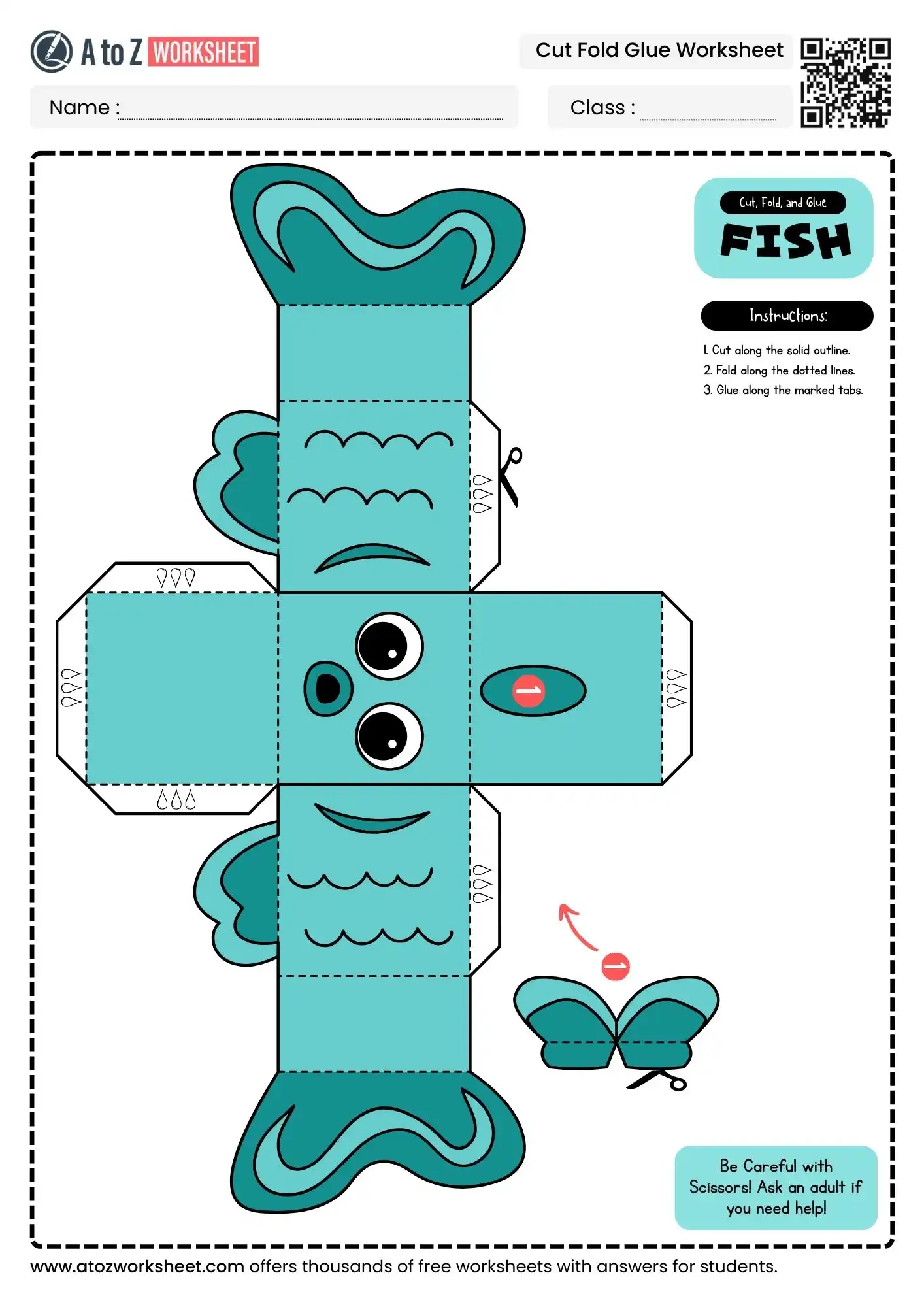 blue sea creature fish craft pattern inside a collection of cut fold glue DIY craft worksheets.