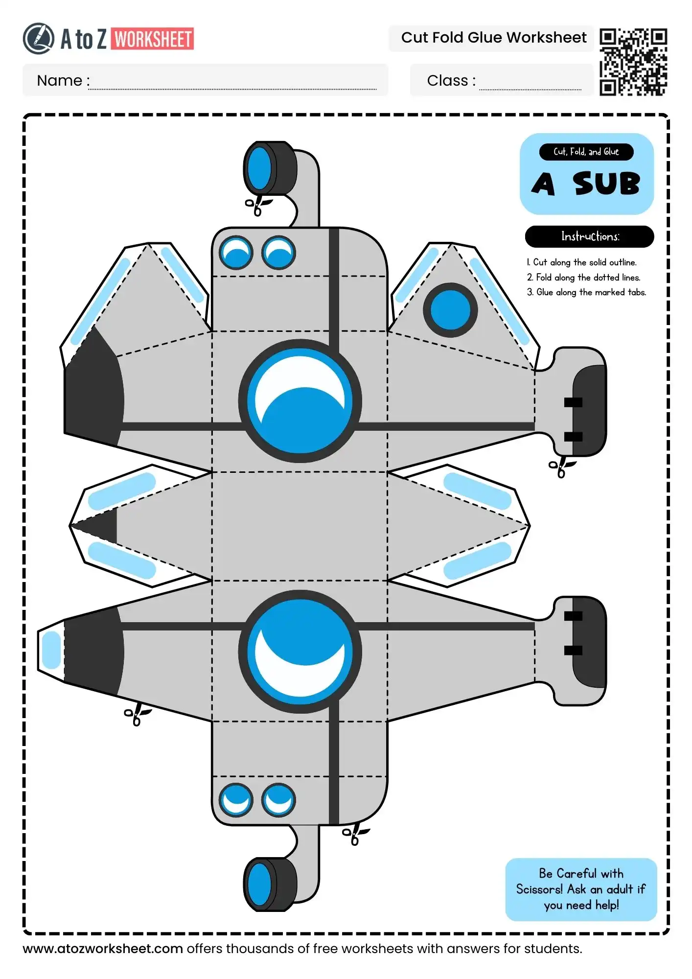 grey deep sea exploration vessel model in a selection of cut fold glue DIY craft worksheets.