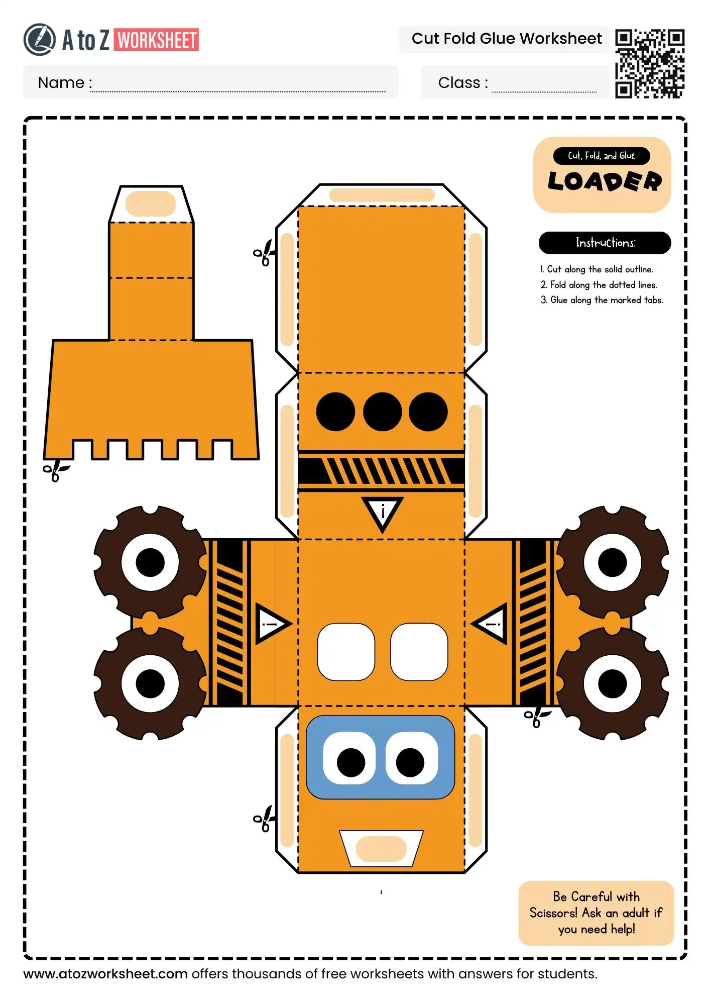orange heavy duty construction loader pattern within cut fold glue DIY craft worksheets.