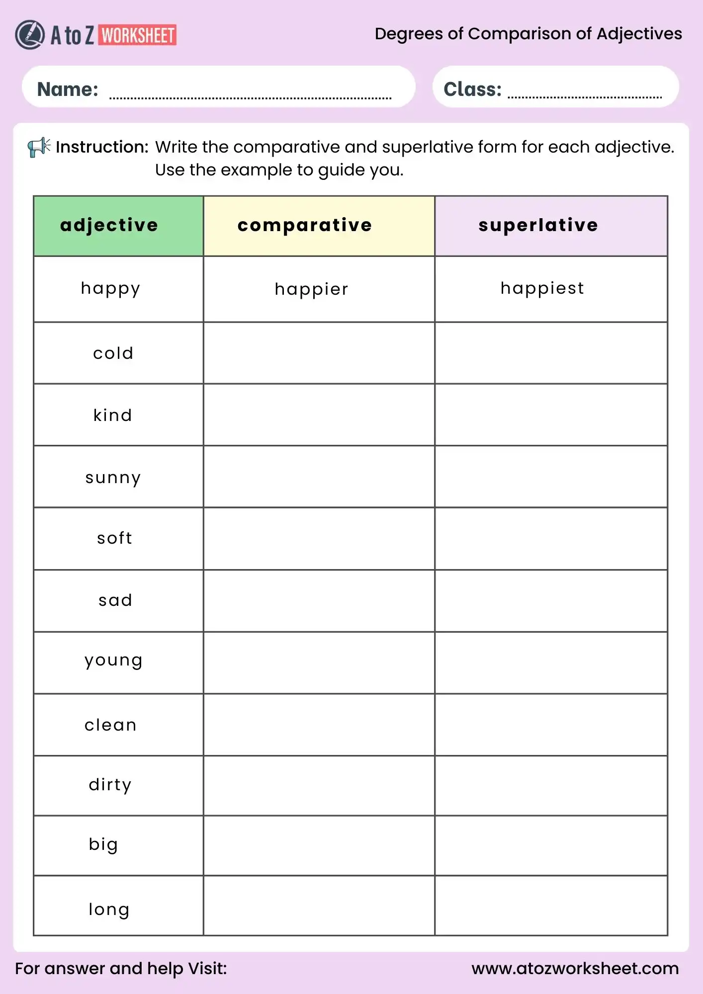degrees of comparison of adjectives worksheets table activity for kids