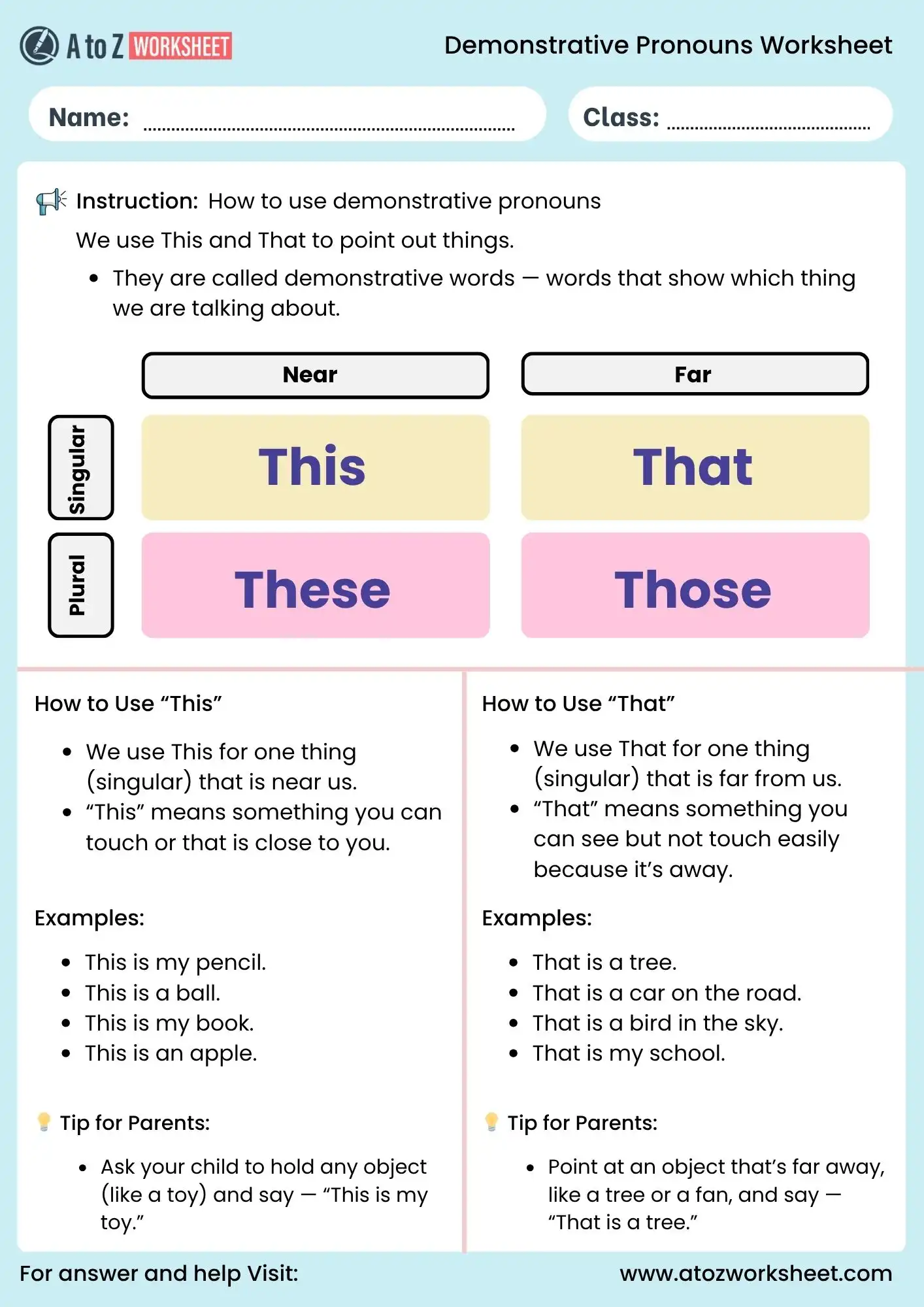 demonstrative pronouns worksheet grammar chart for class 1 to class 6