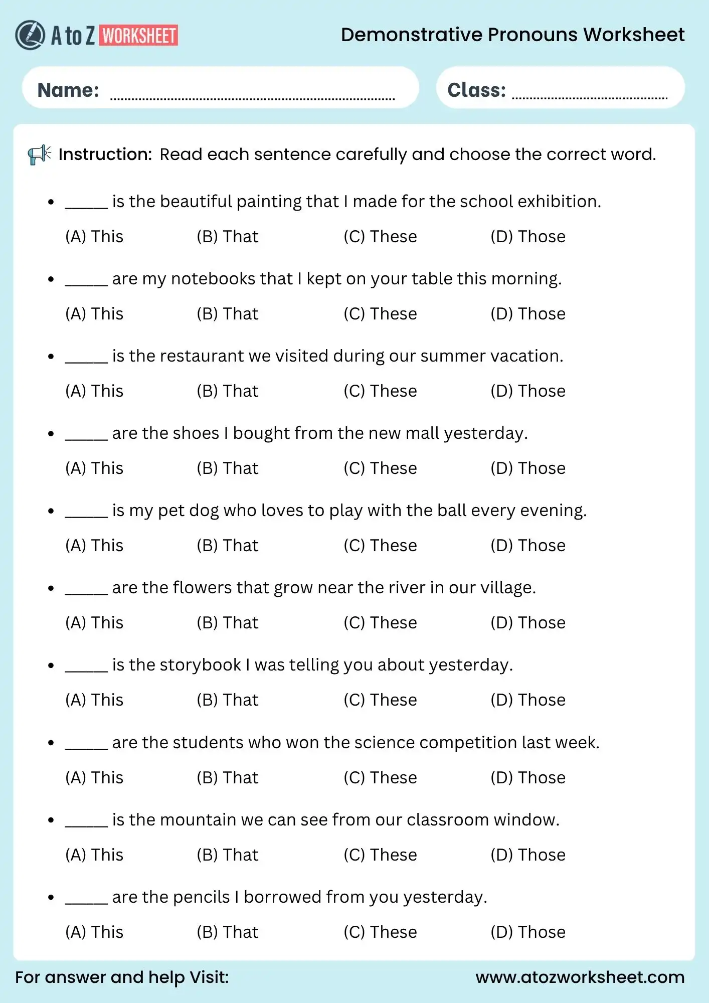 demonstrative pronouns worksheet choose the correct word activity