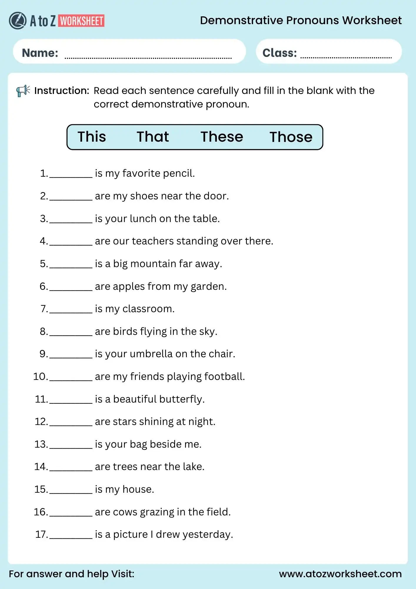 demonstrative pronouns worksheet fill in the blanks for beginners