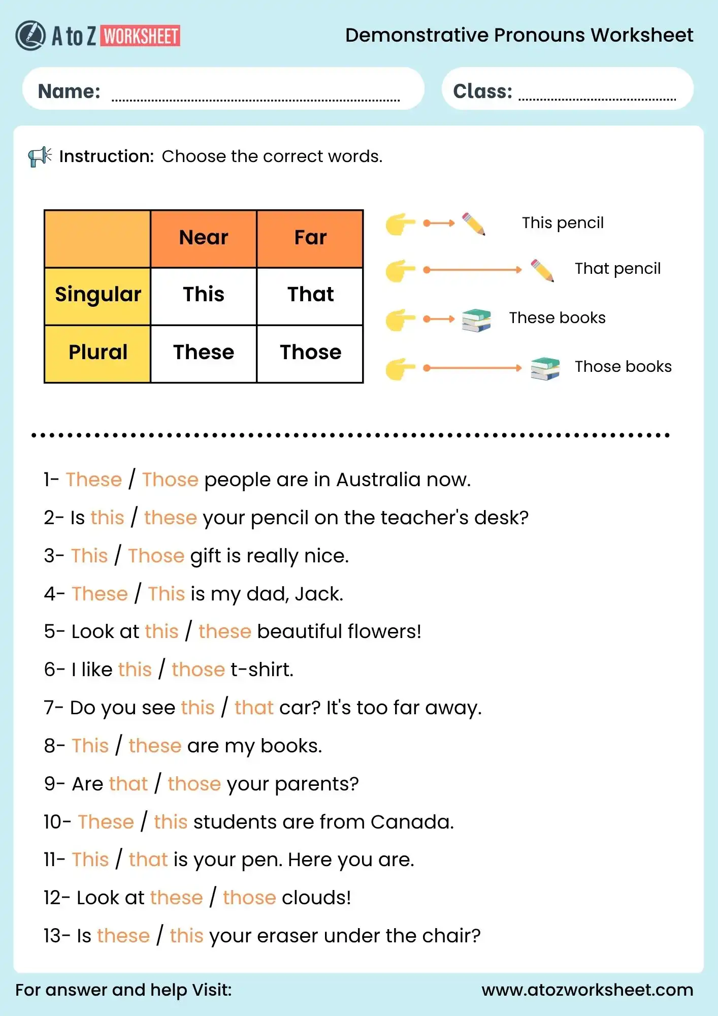 demonstrative pronouns worksheet choose correct words grammar chart
