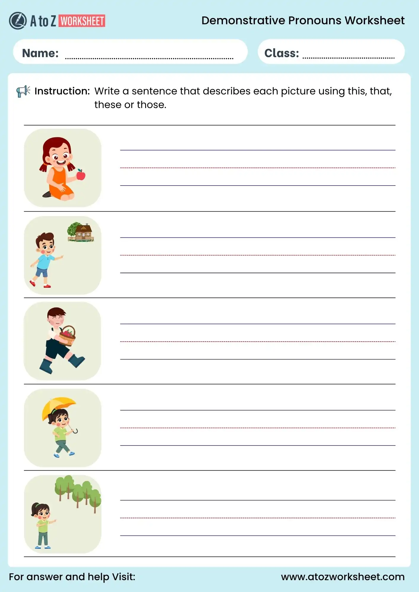 demonstrative pronouns worksheet picture sentence writing activity