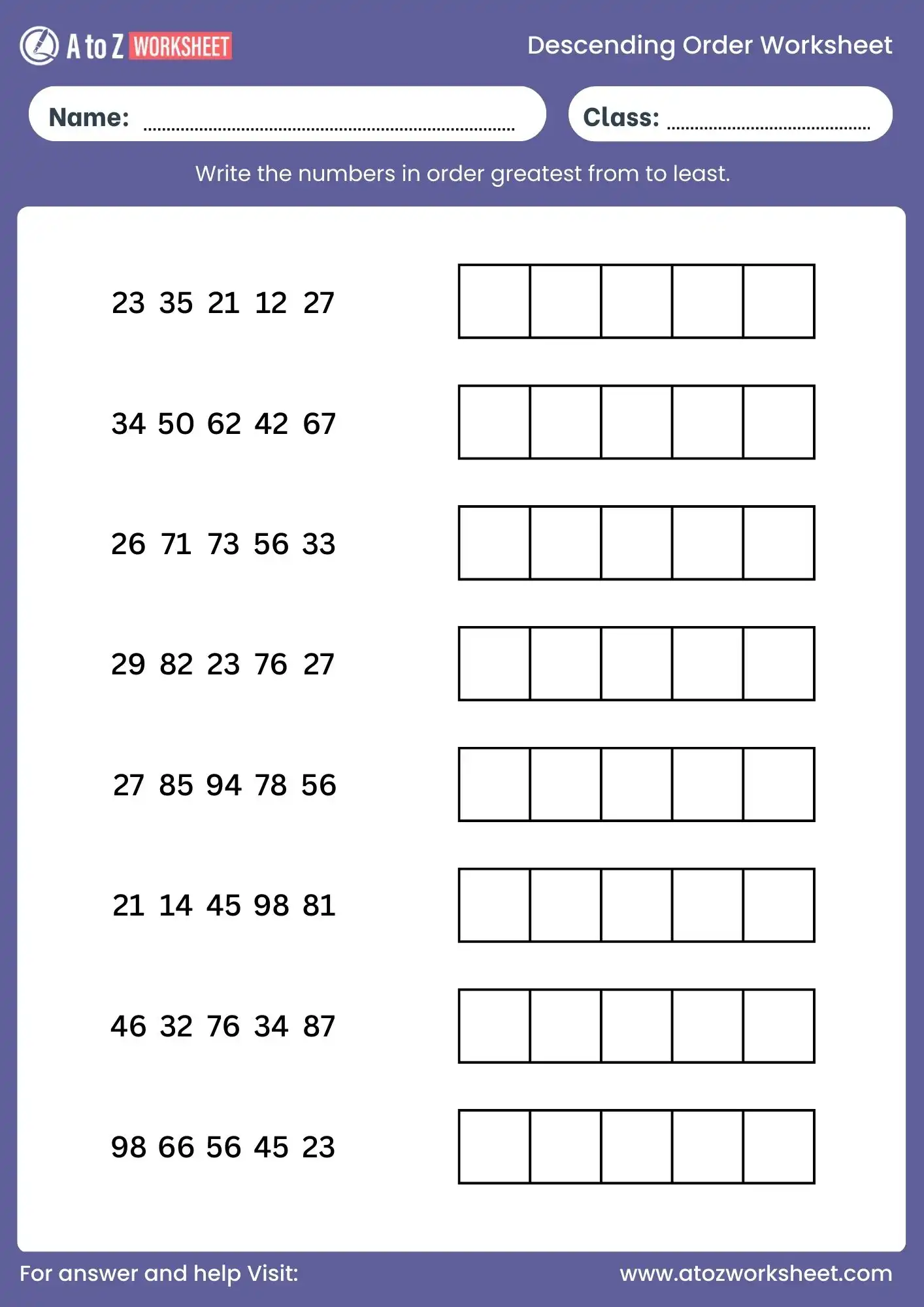 descending order worksheet class 1 class 2 practice sheet