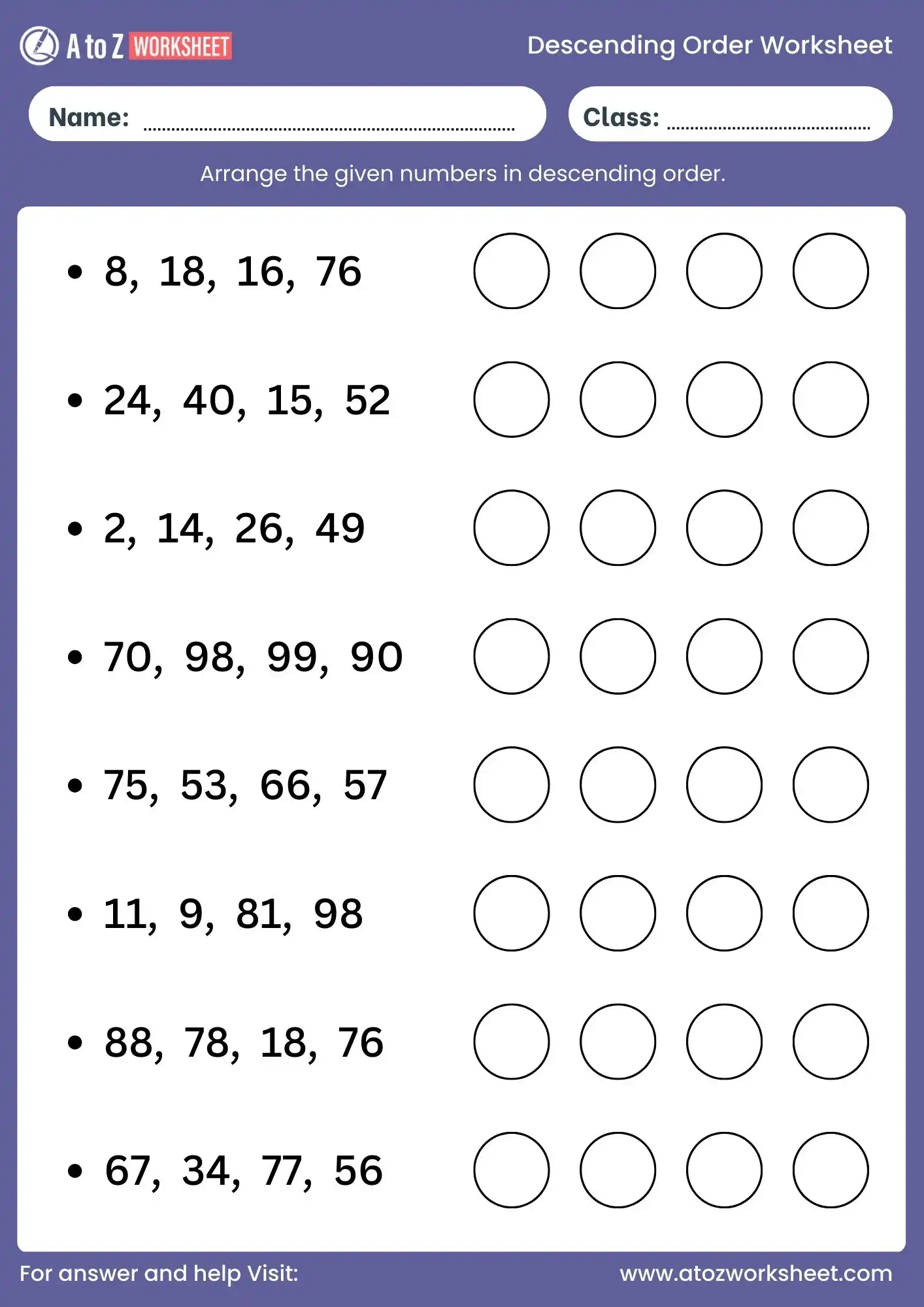 descending order worksheet for kids numbers practice class 3