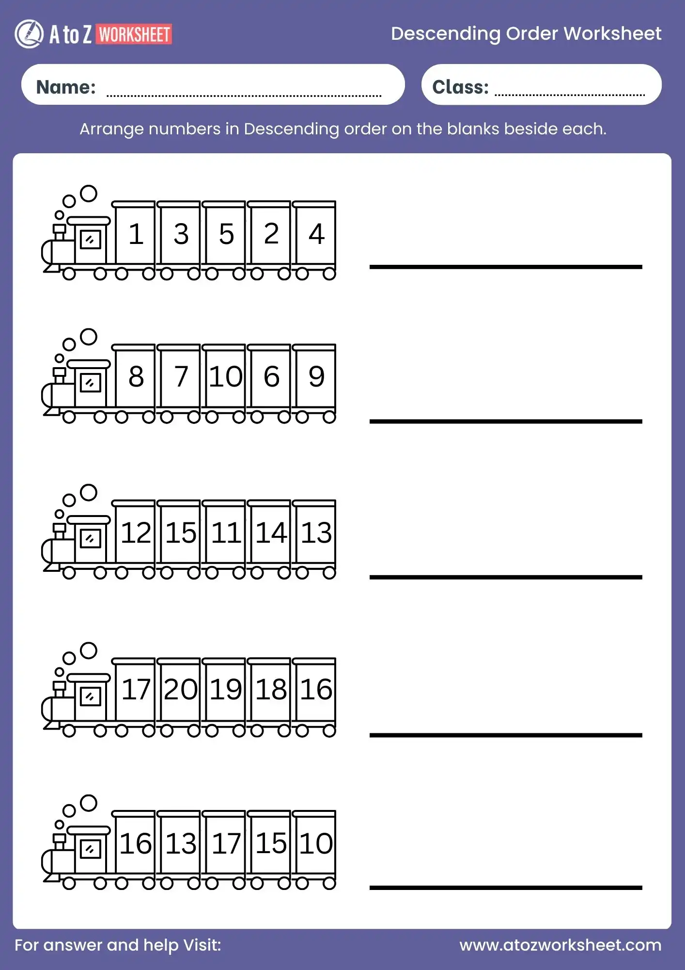 descending order worksheet train activity for class 1 and class 2