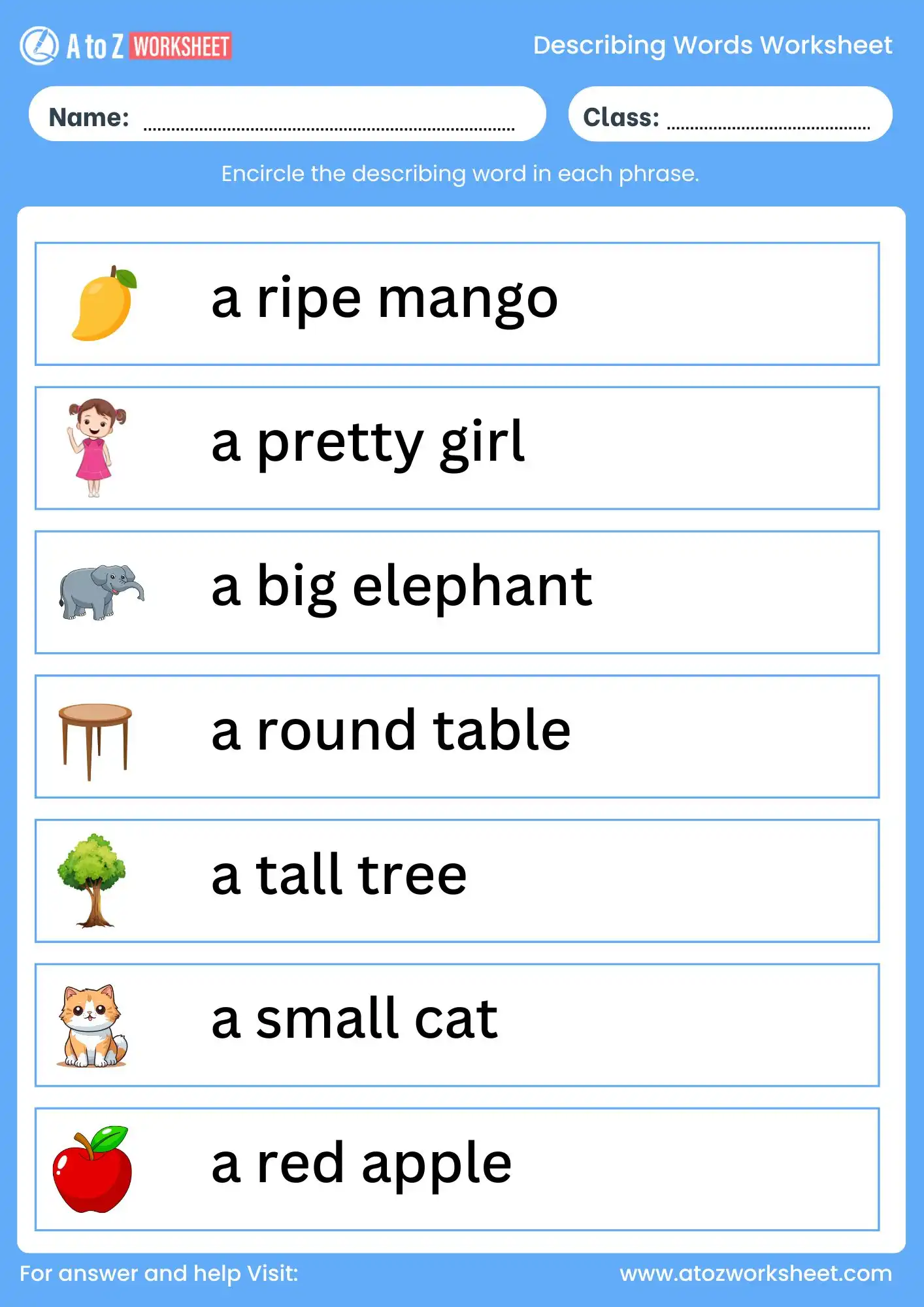 describing words worksheet for class 2 with answers