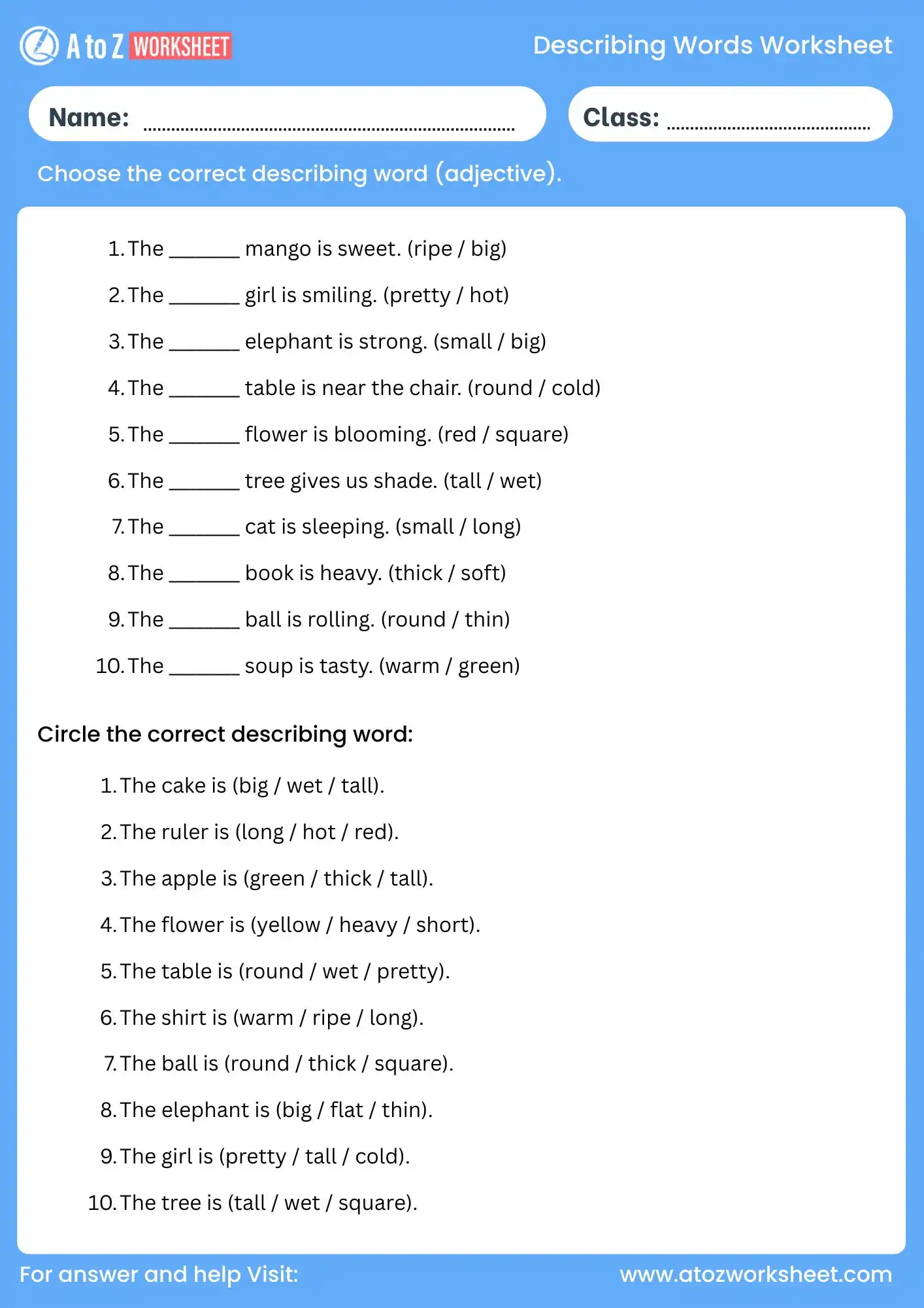 describing words worksheet for class 3 with answers