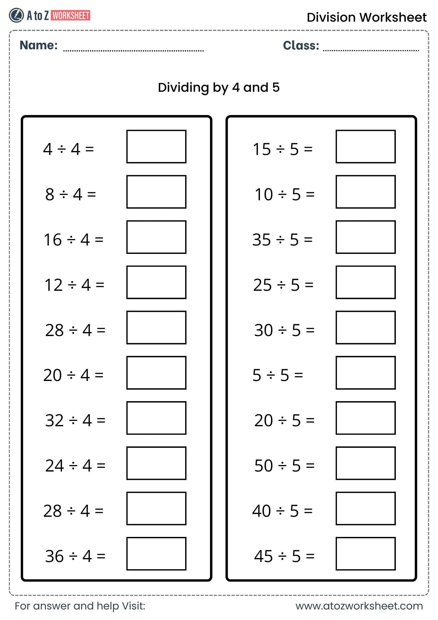 division worksheets for class 2, class 3 and class 4