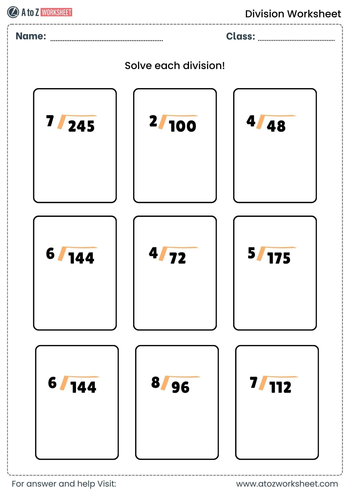 division worksheets for class 2, class 3 and class 4