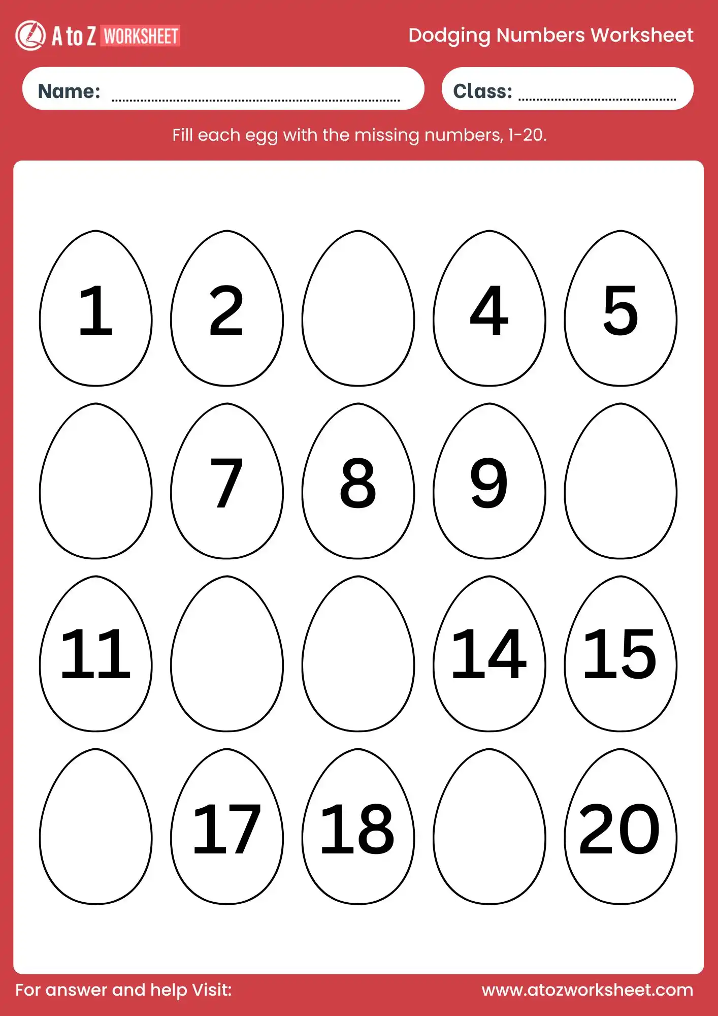 dodging numbers 1 to 20 worksheet eggs practice for class 1