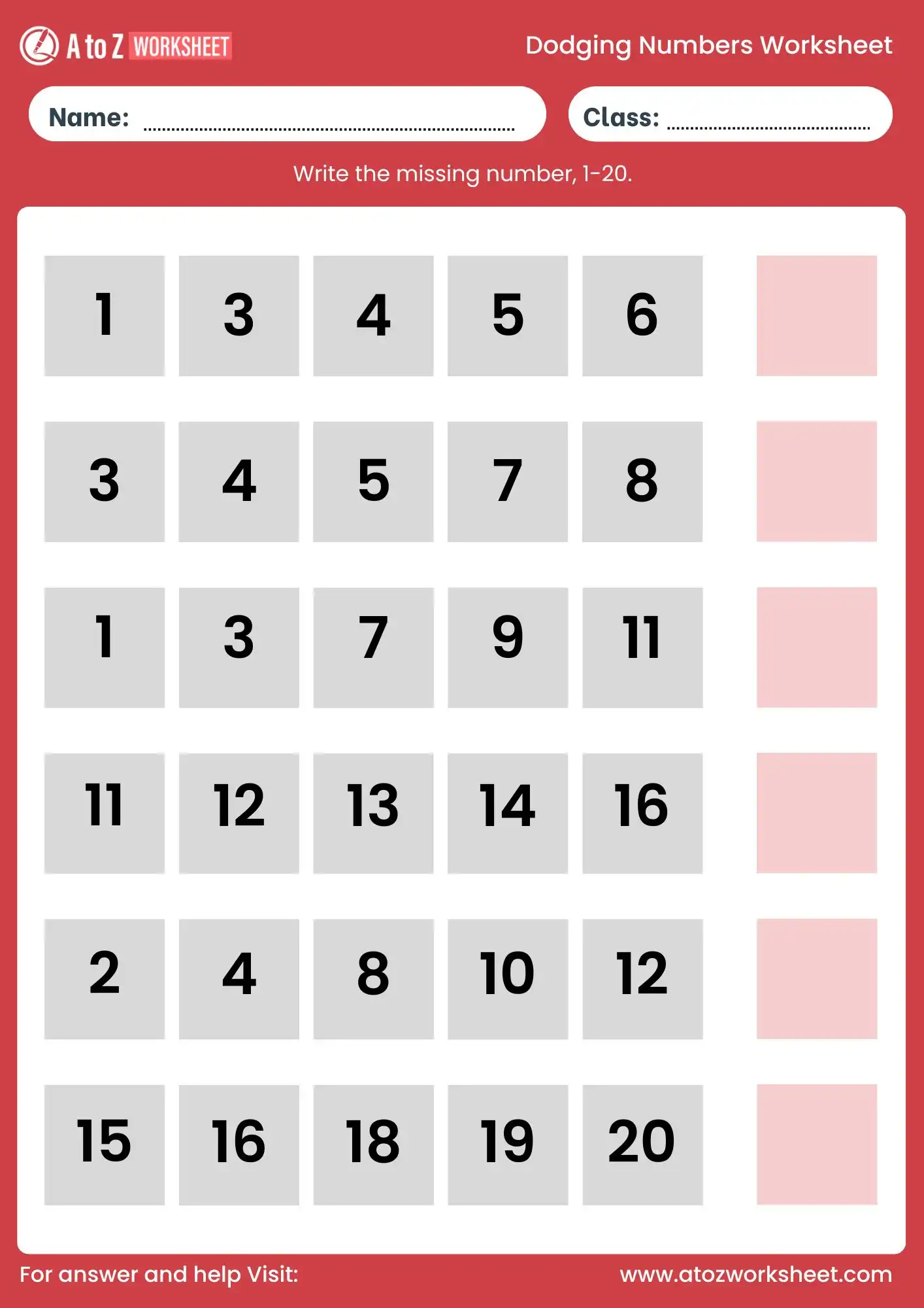 dodging numbers 1 to 20 worksheet missing grid practice ukg