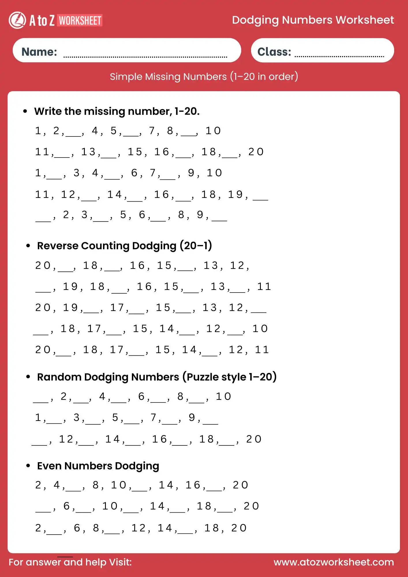 dodging numbers 1 to 20 worksheet reverse and random counting for grade 2