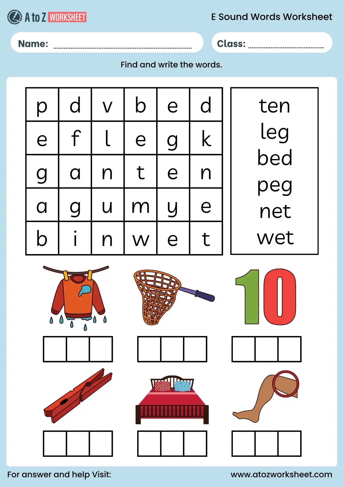 e sound words with pictures worksheet bed leg net wet