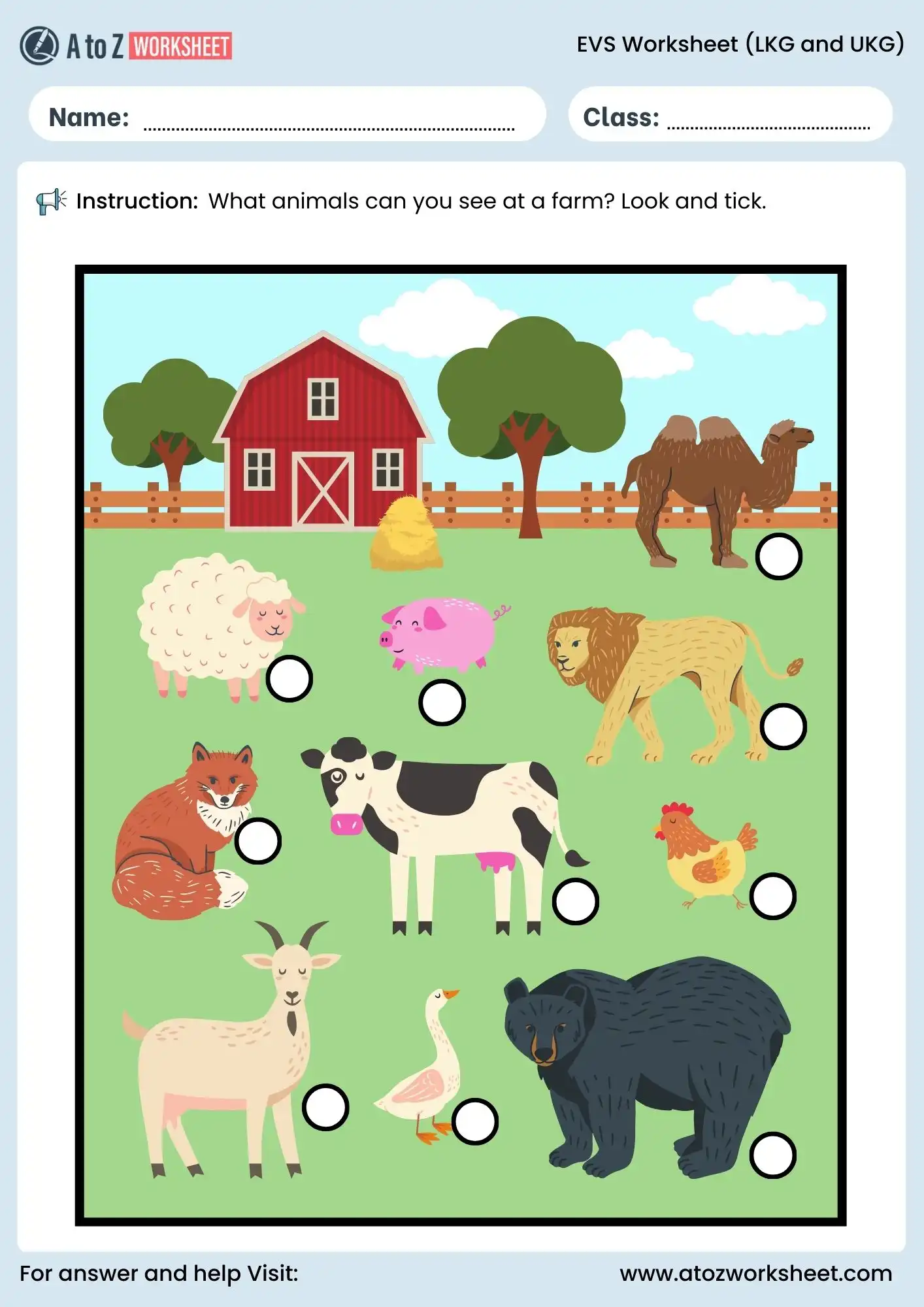 evs worksheet for lkg and ukg farm animals identification