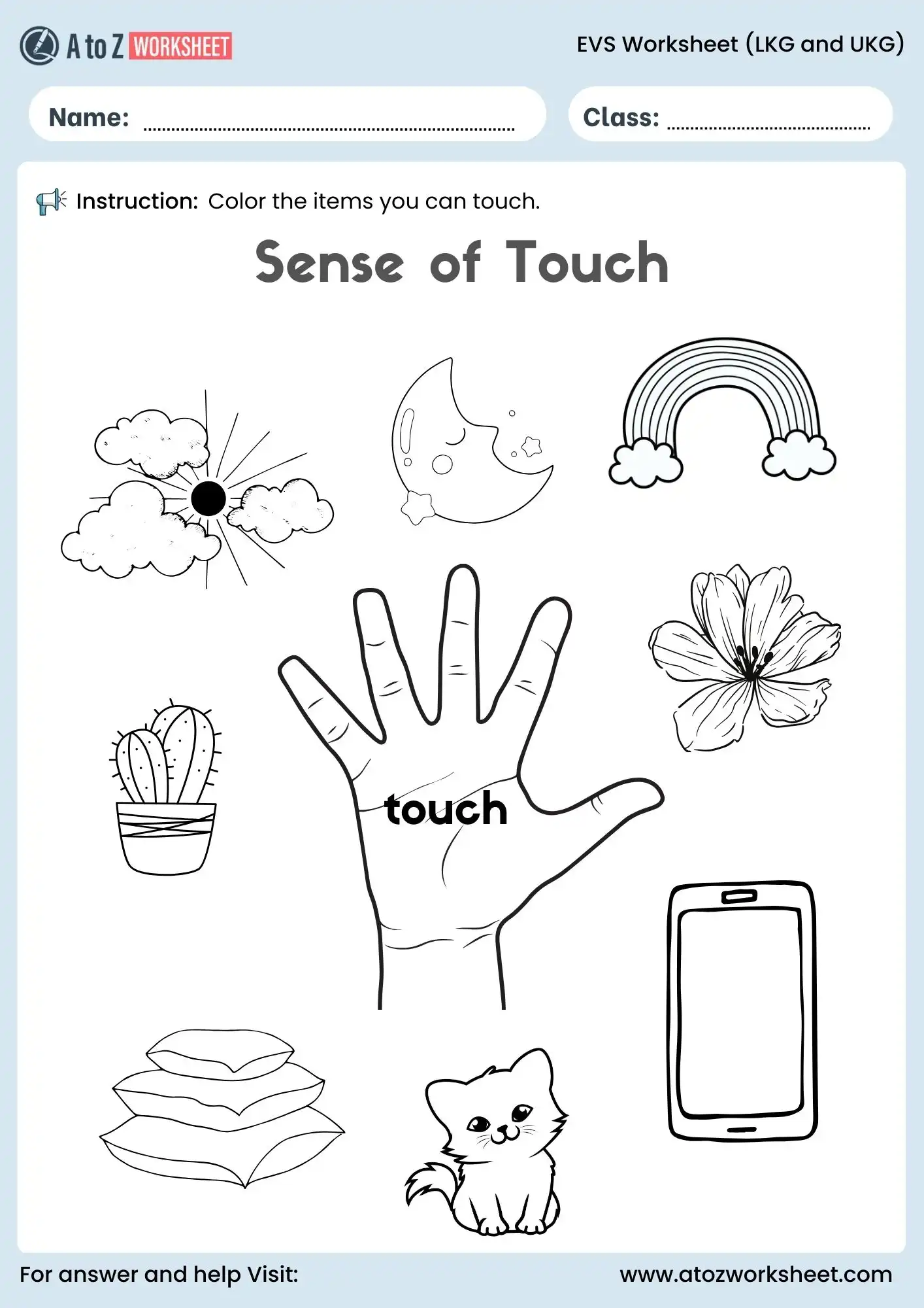 evs worksheet for lkg and ukg sense of touch activity