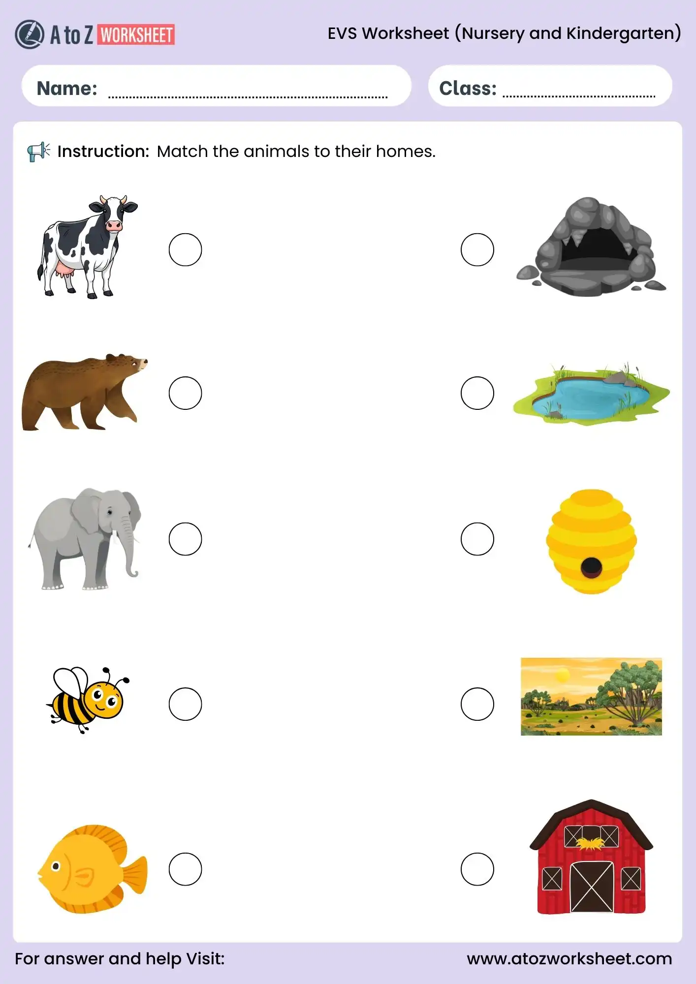 evs worksheet for nursery and kindergarten animal homes activity