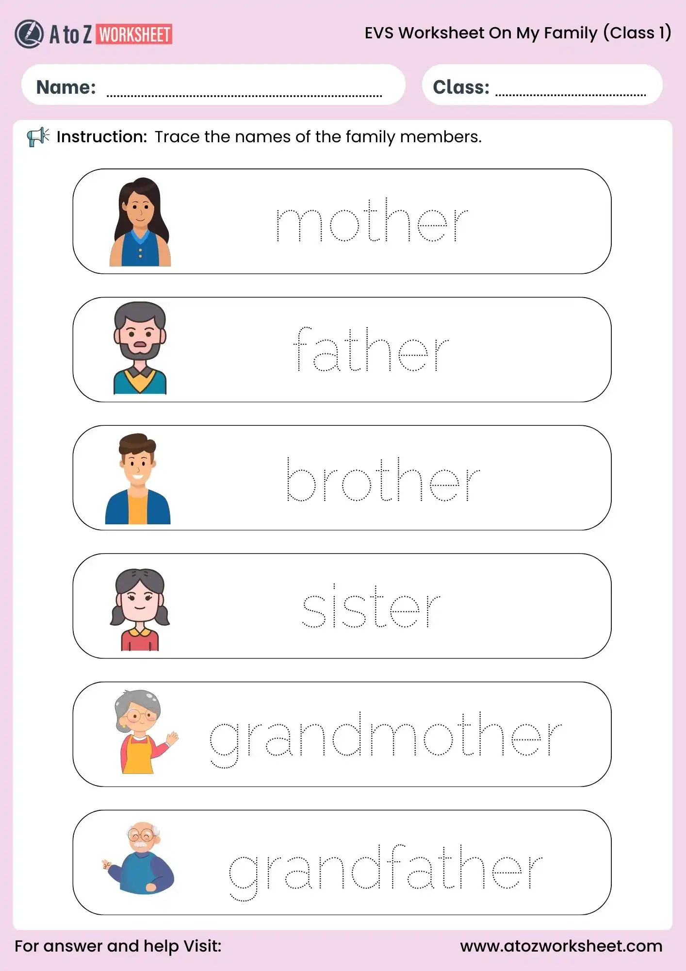 evs worksheets for class 1 on my family tracing names
