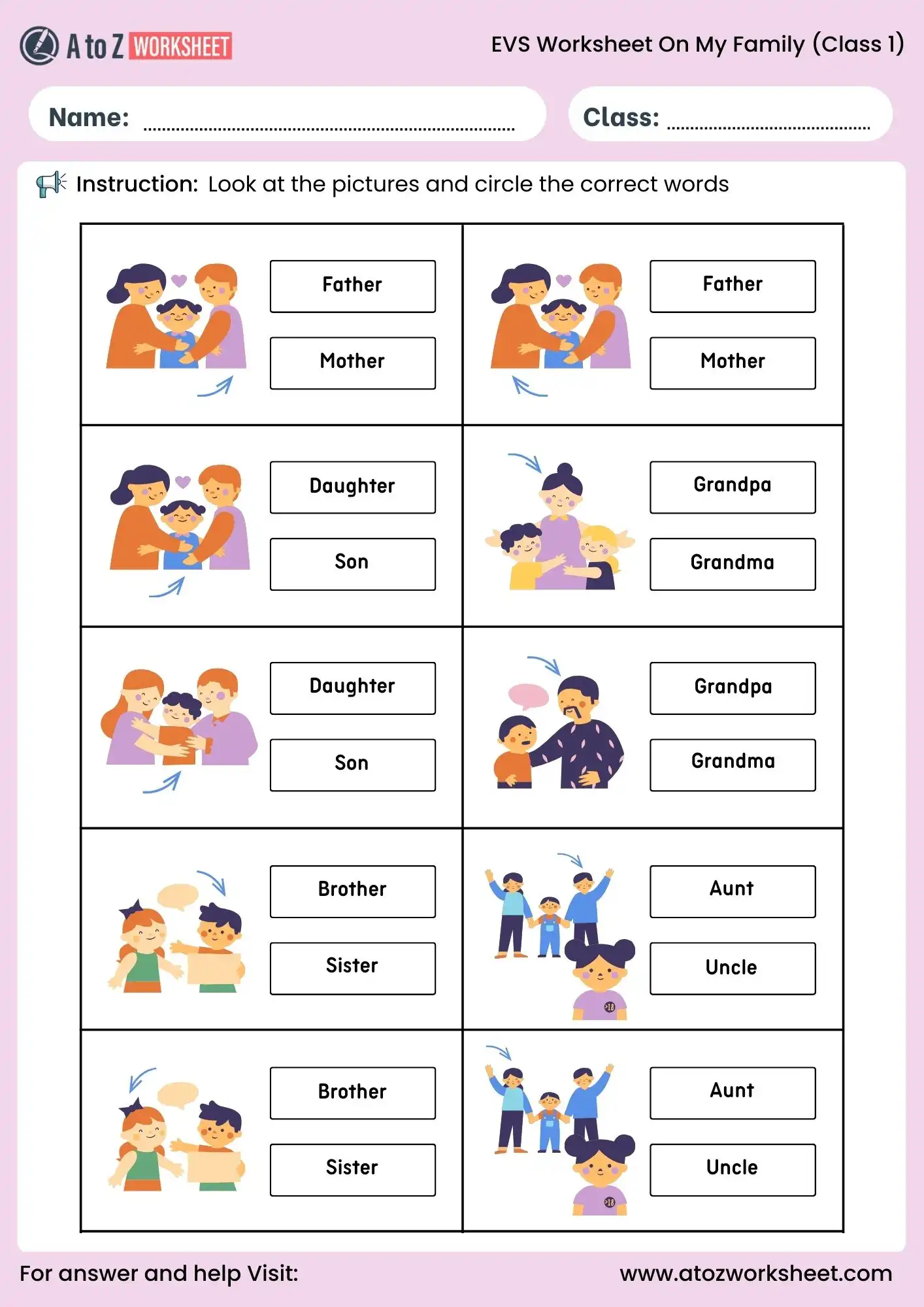 evs worksheets for class 1 on my family circle correct words