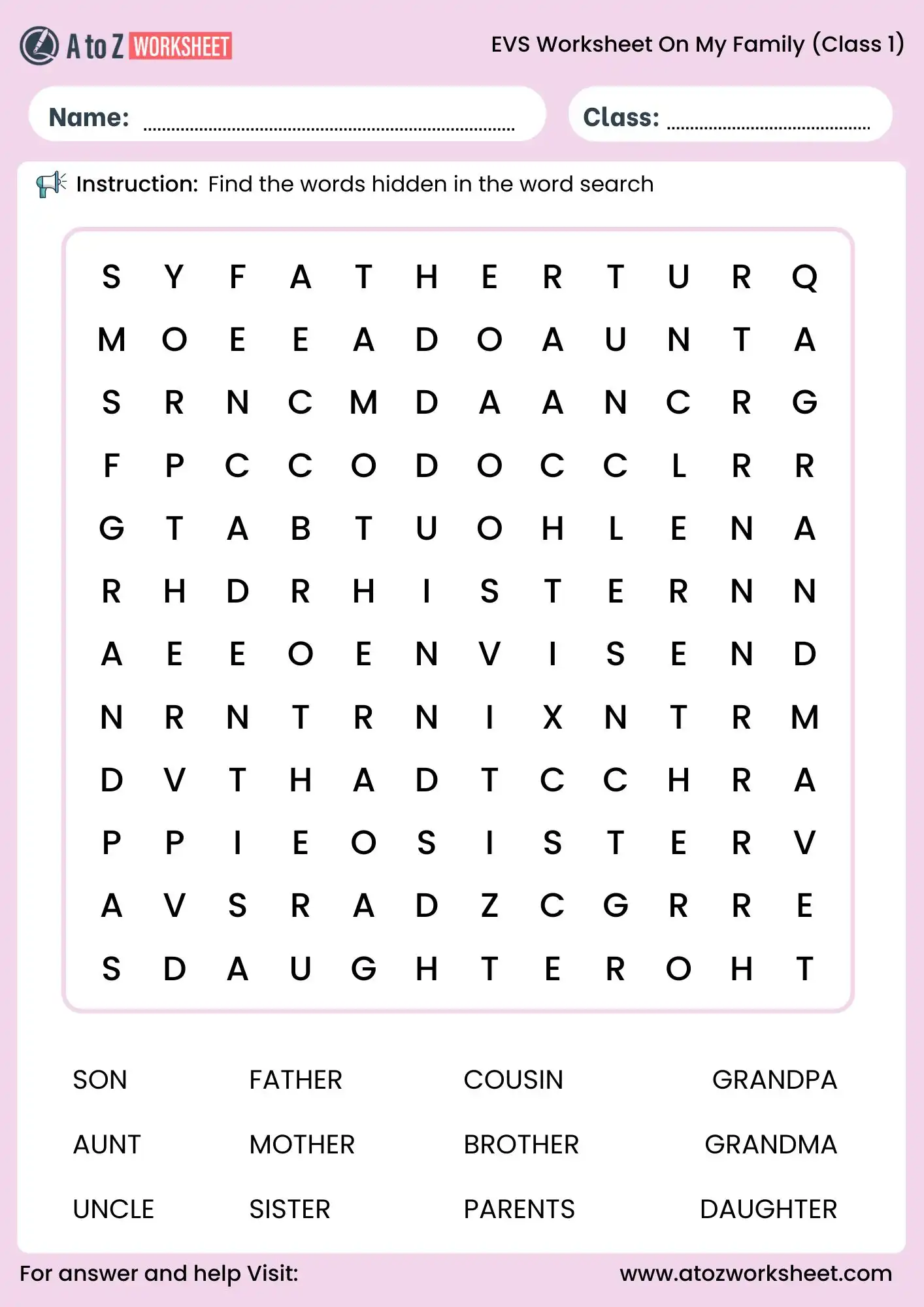 evs worksheets for class 1 on my family word search