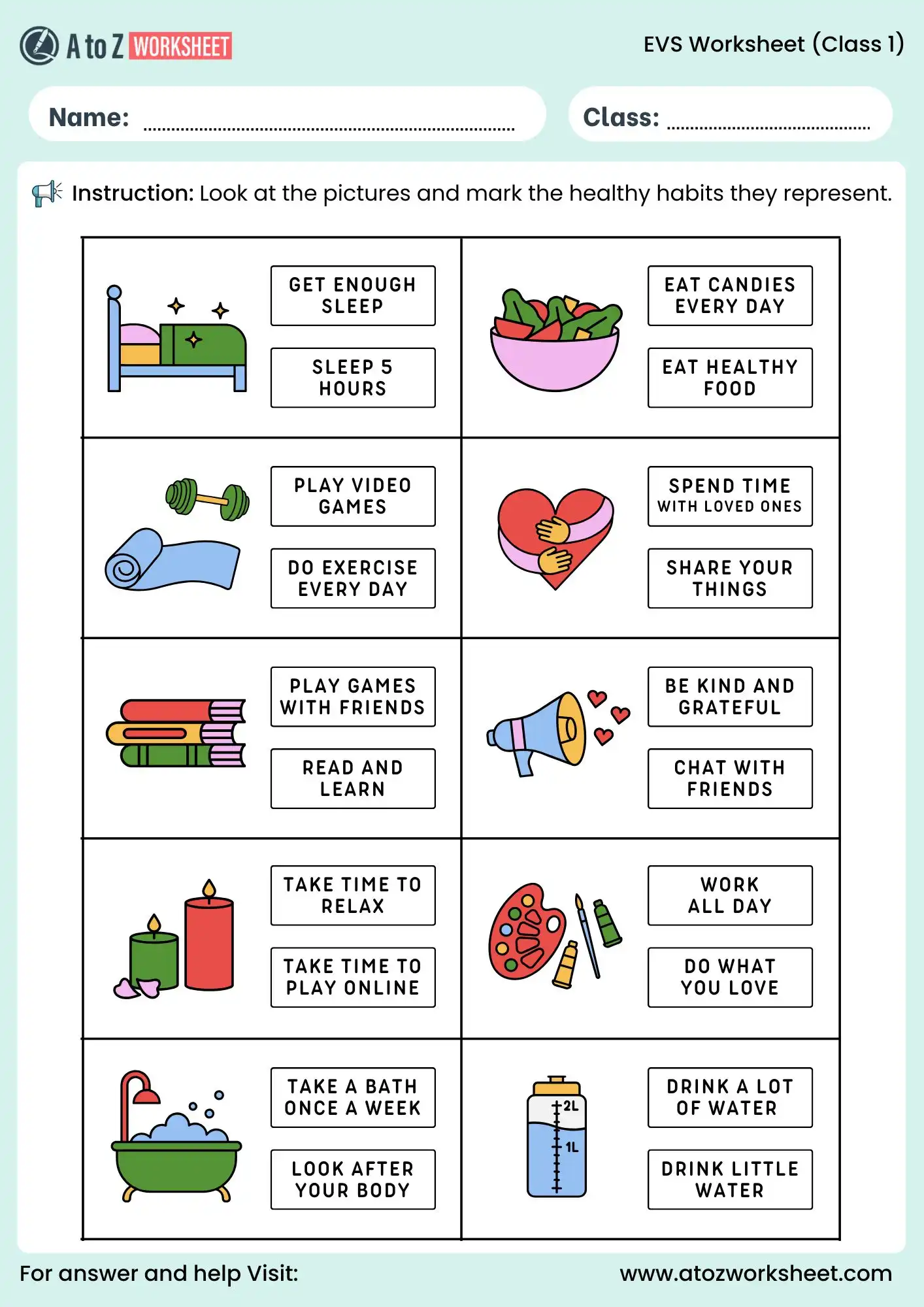 evs worksheets for class 1 healthy habits activity