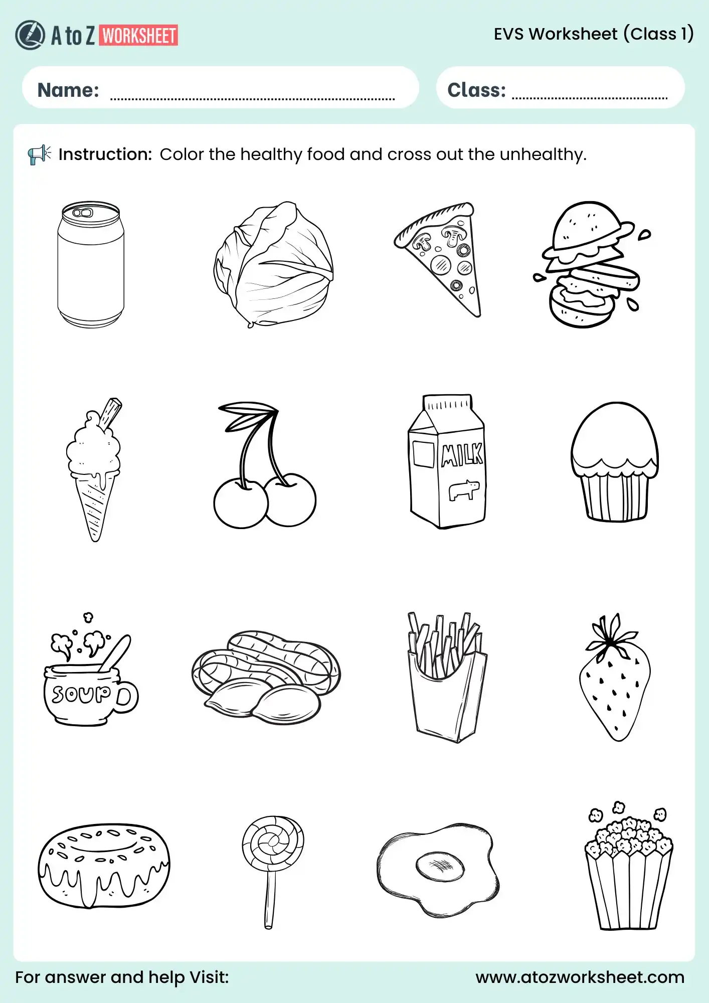 evs worksheets for class 1 healthy food sorting