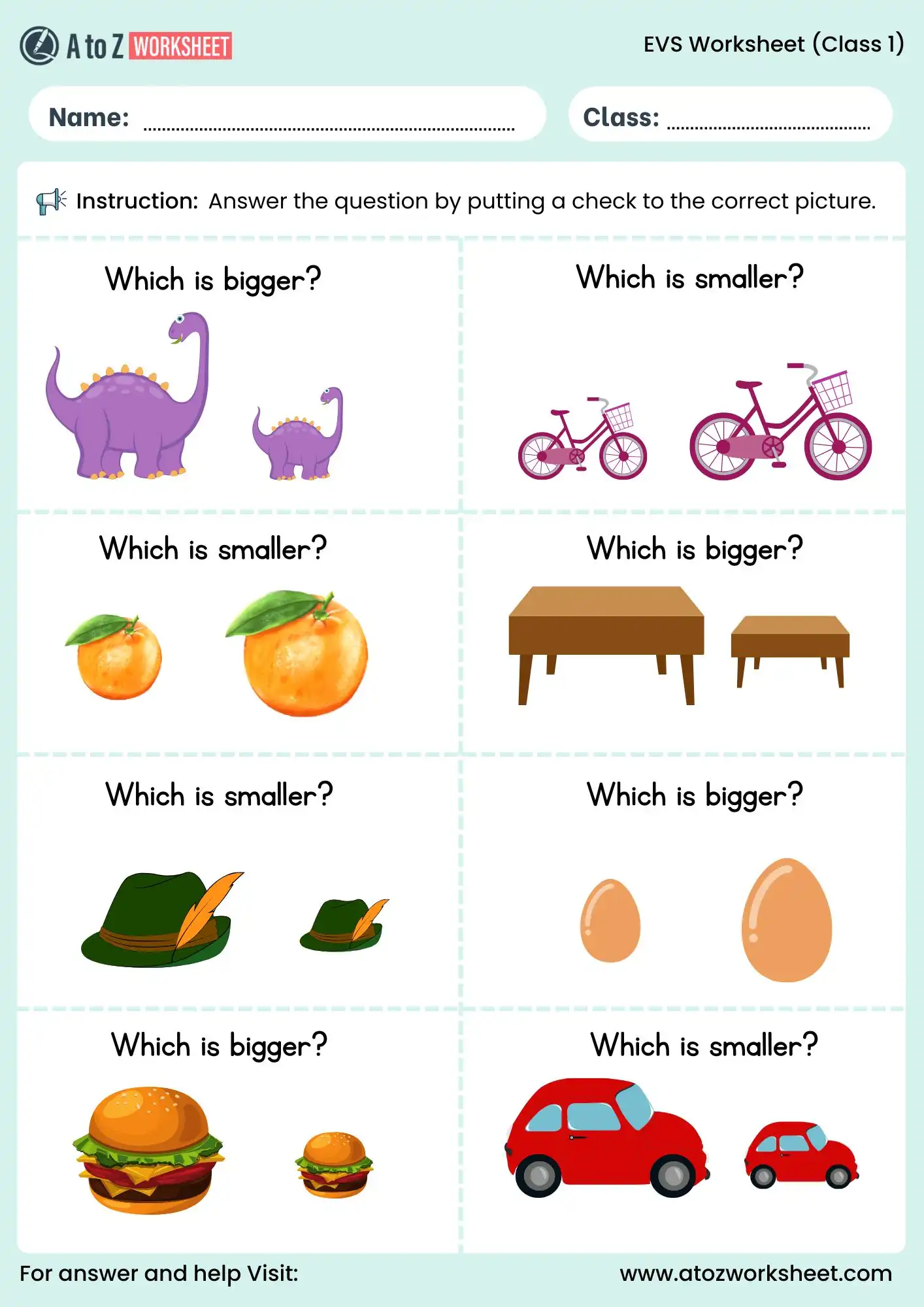 evs worksheets for class 1 size comparison activity