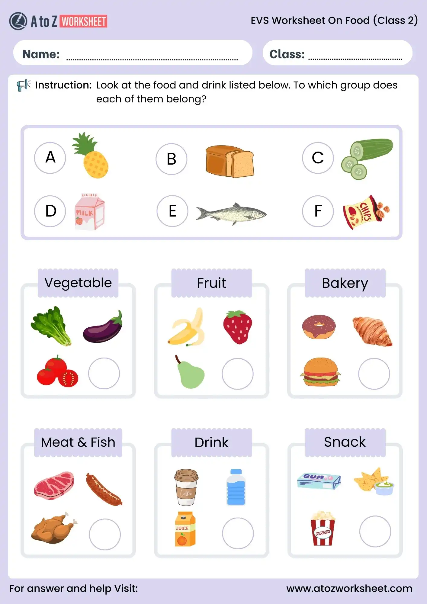 evs worksheets for class 2 on food category sorting