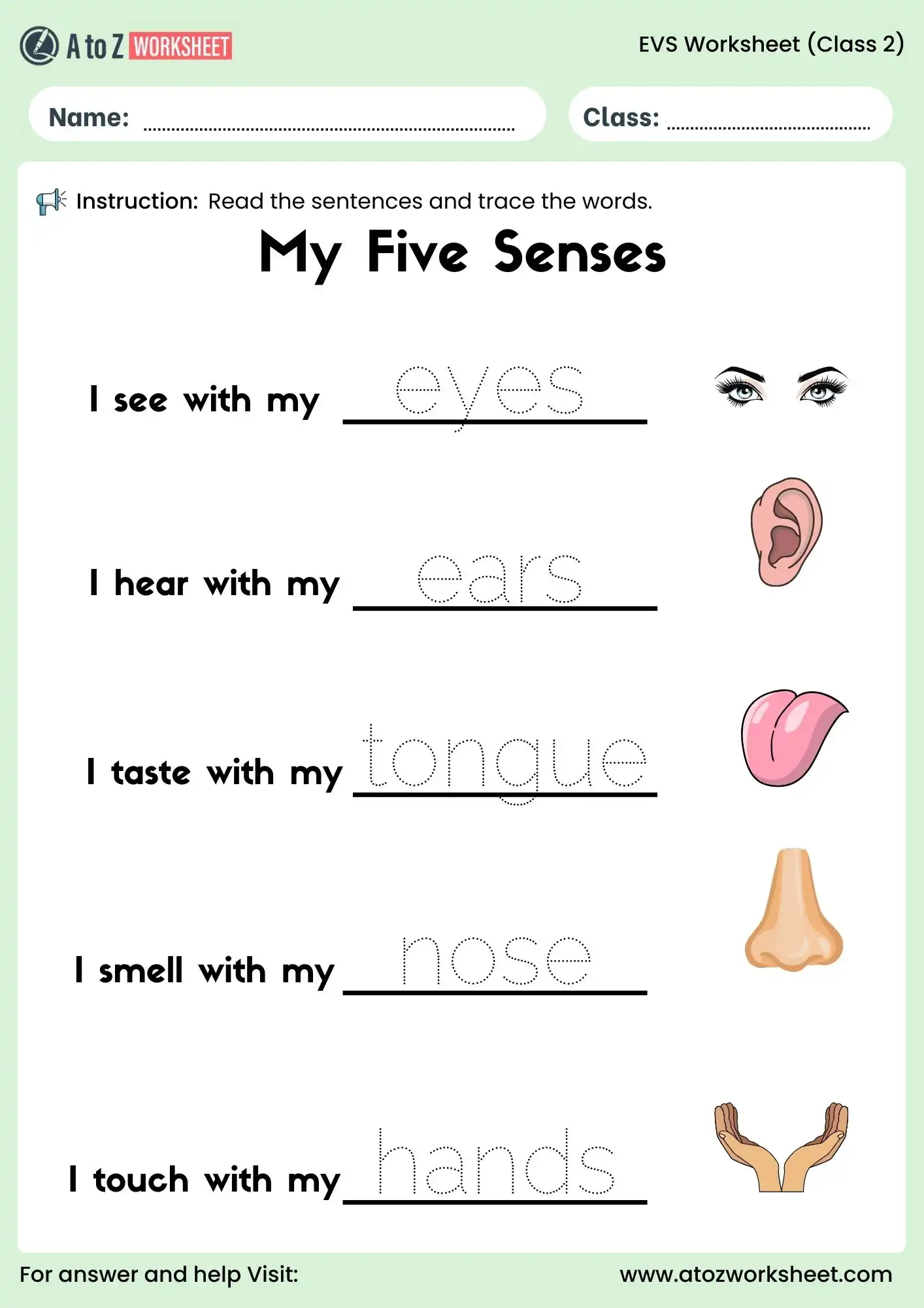 evs worksheets for class 2 my five senses tracing activity