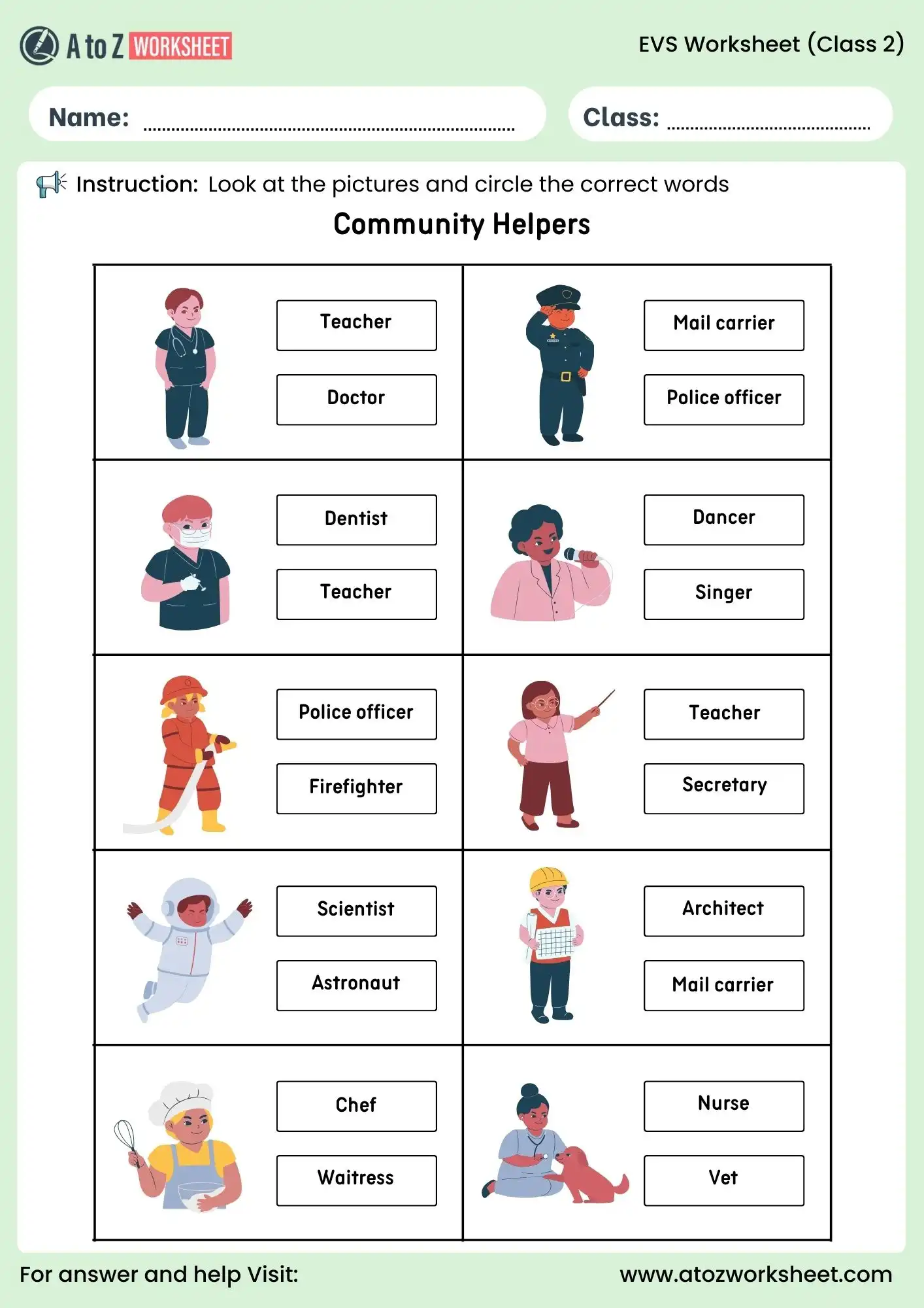 evs worksheets for class 2 community helpers identification activity
