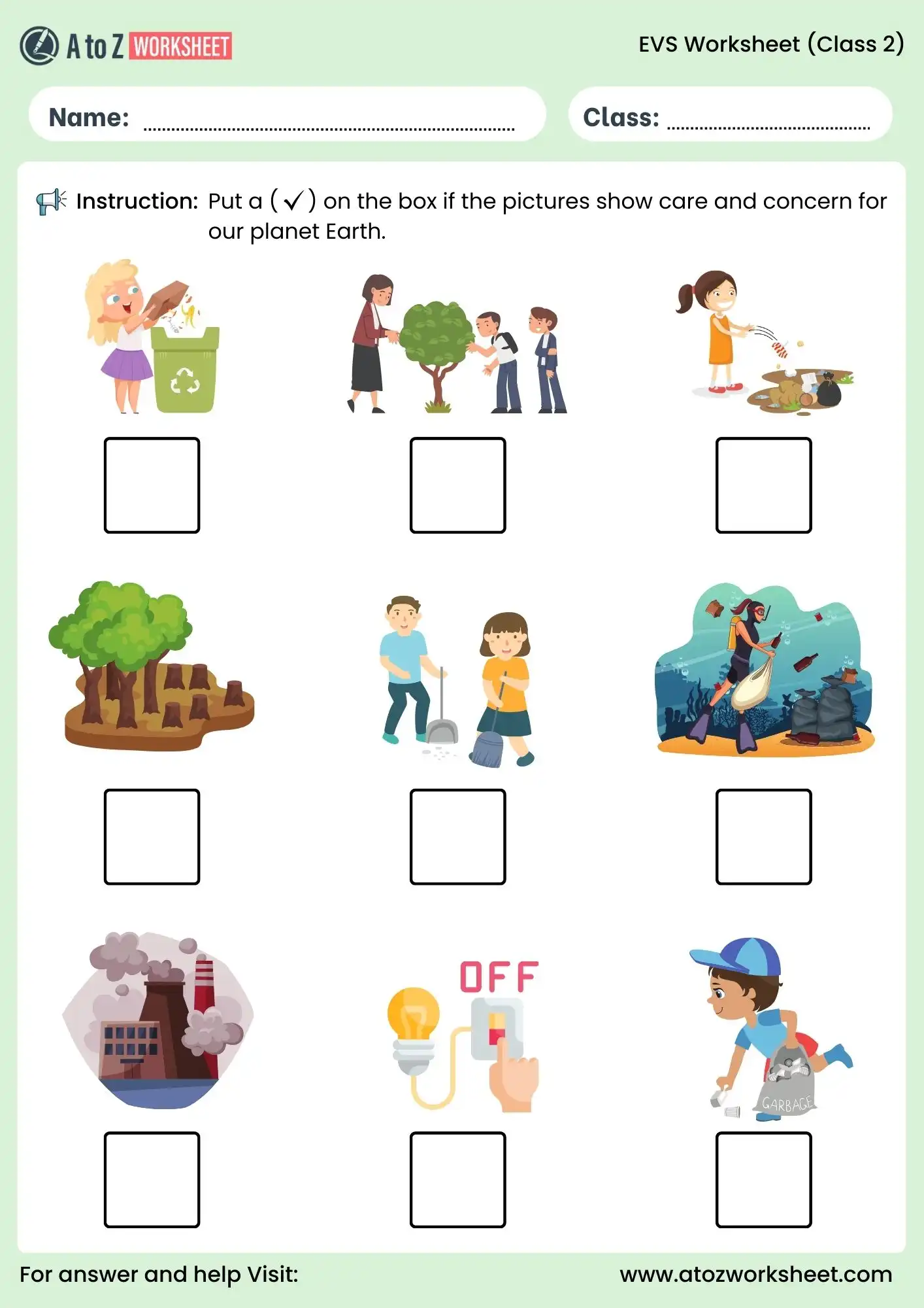 evs worksheets for class 2 care for earth activity