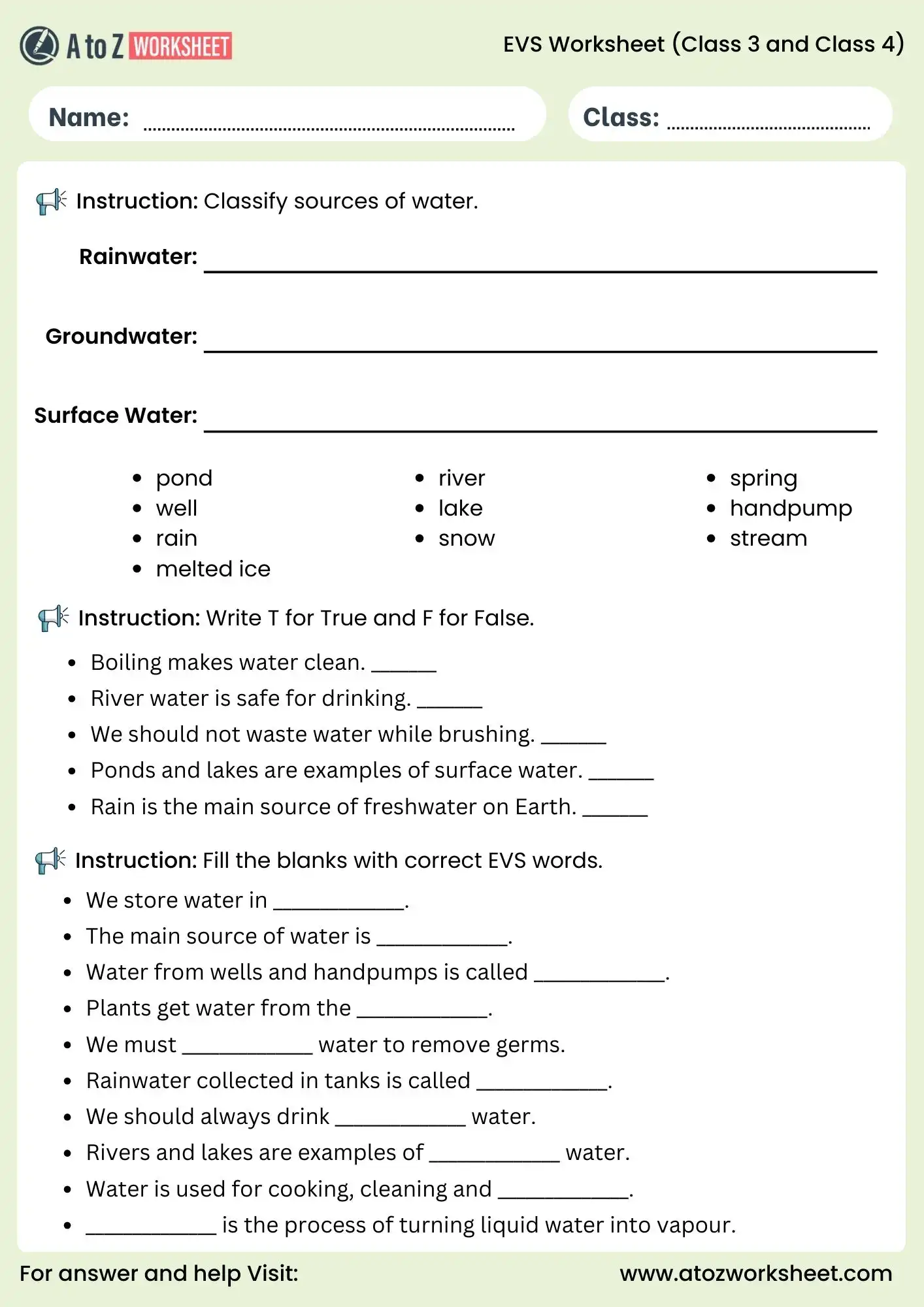 evs worksheets for class 3 and class 4 water sources