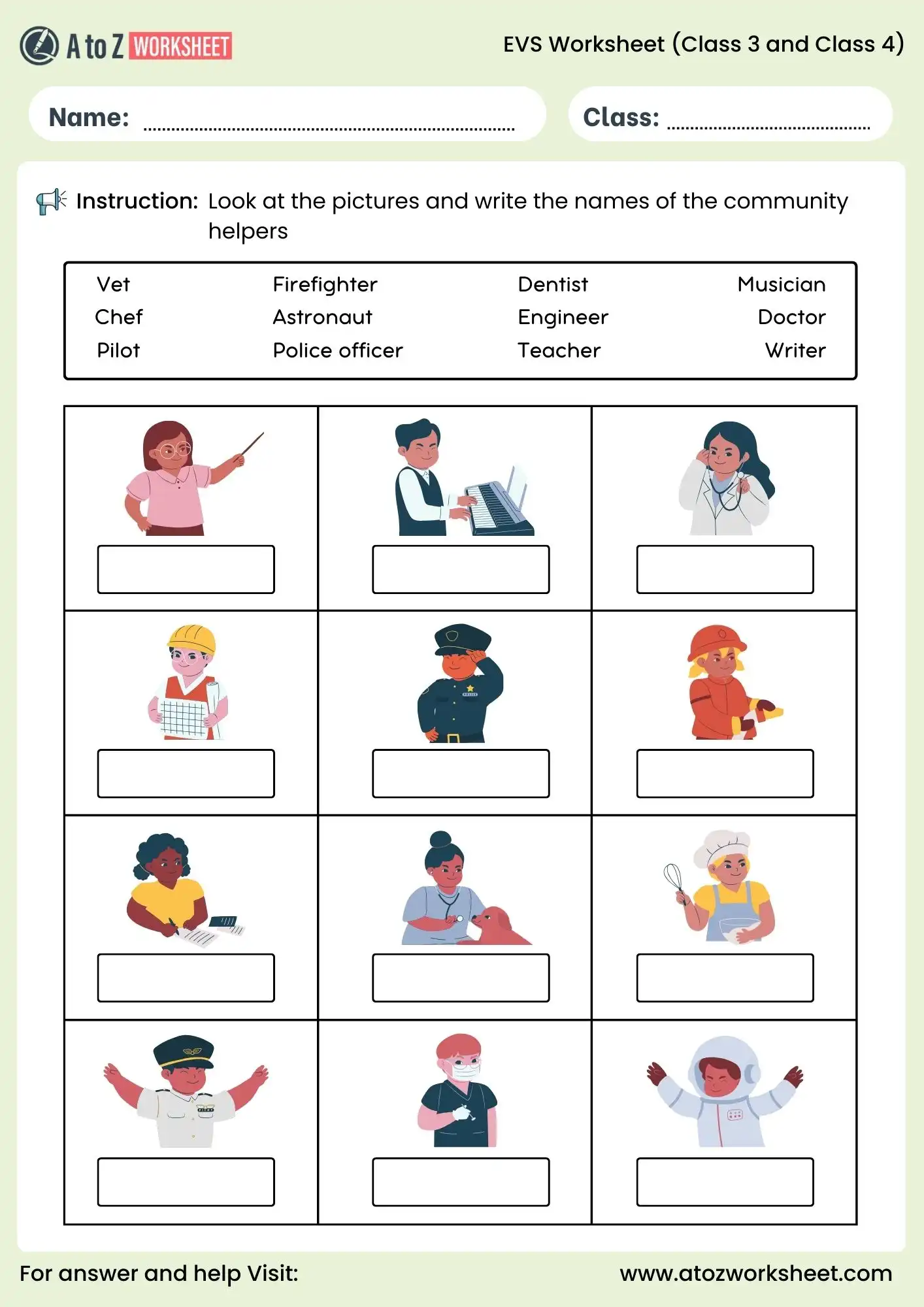 evs worksheets for class 3 and class 4 community helpers