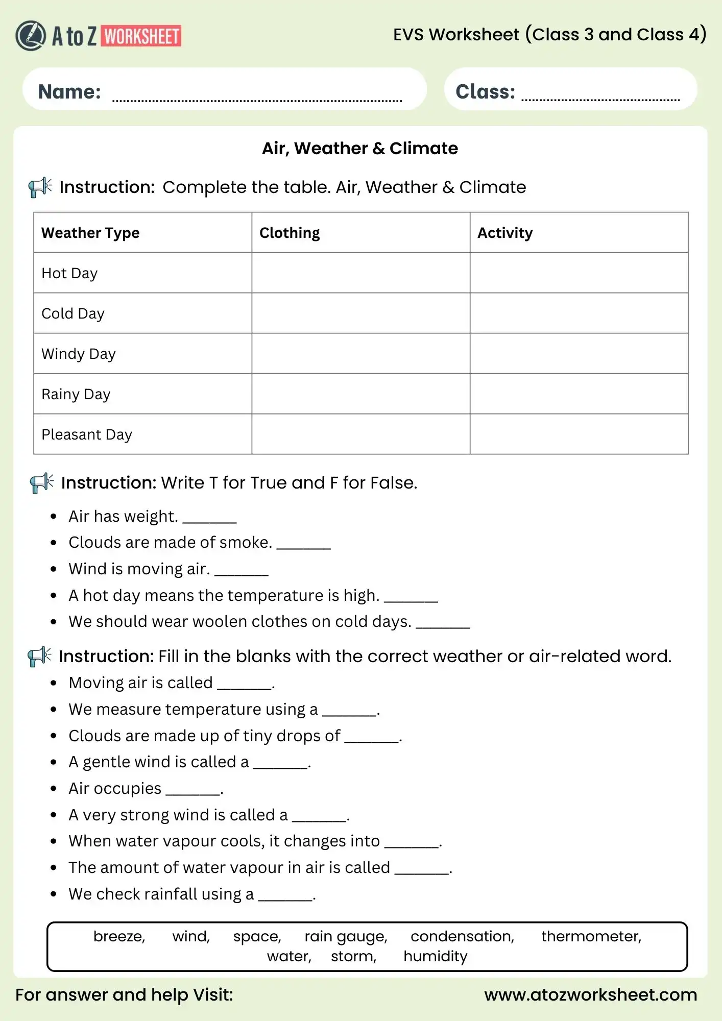 evs worksheets for class 3 and class 4 weather and climate