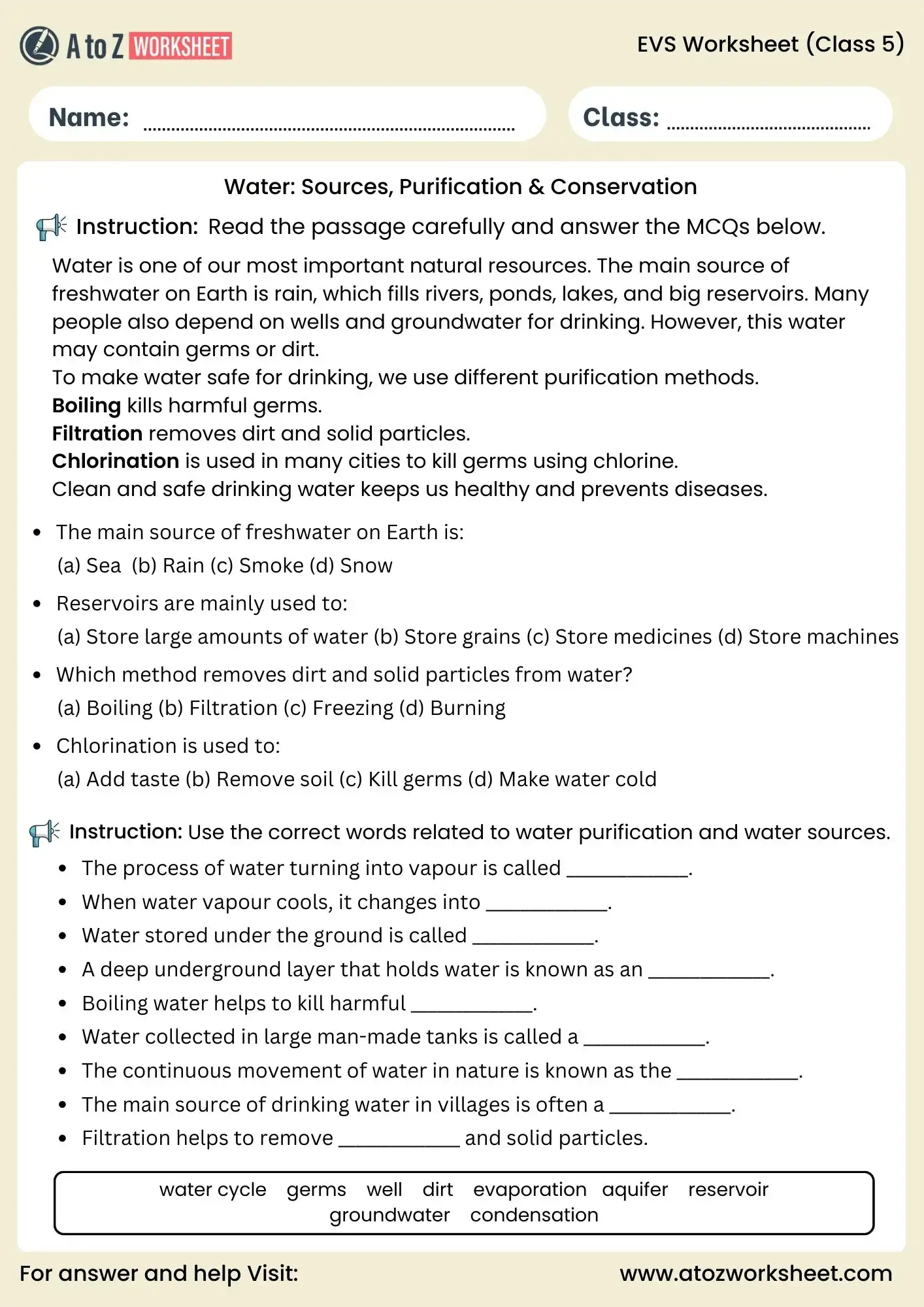 evs worksheets for class 5 water purification activity