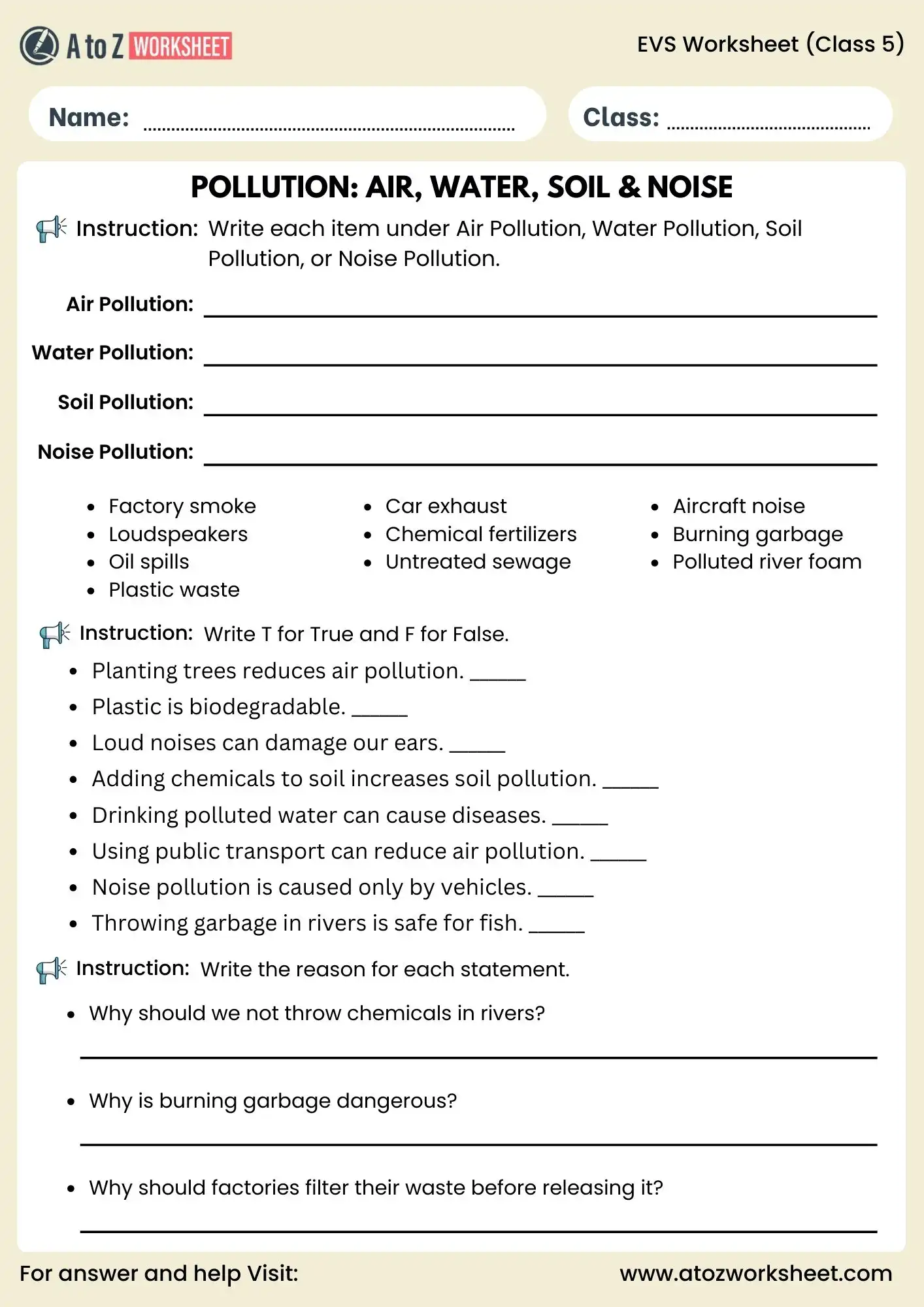 evs worksheets for class 5 pollution classification activity