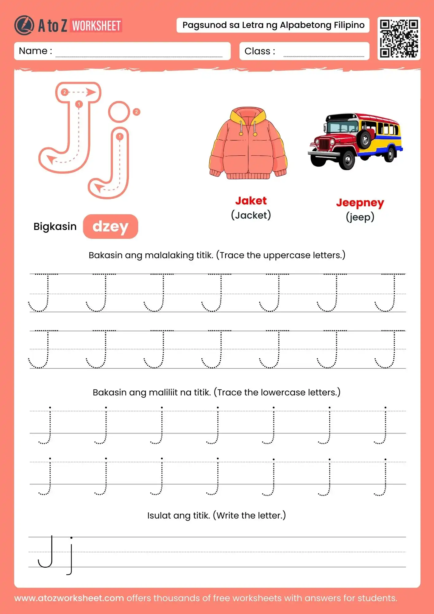 filipino alphabet tracing worksheets for letter j