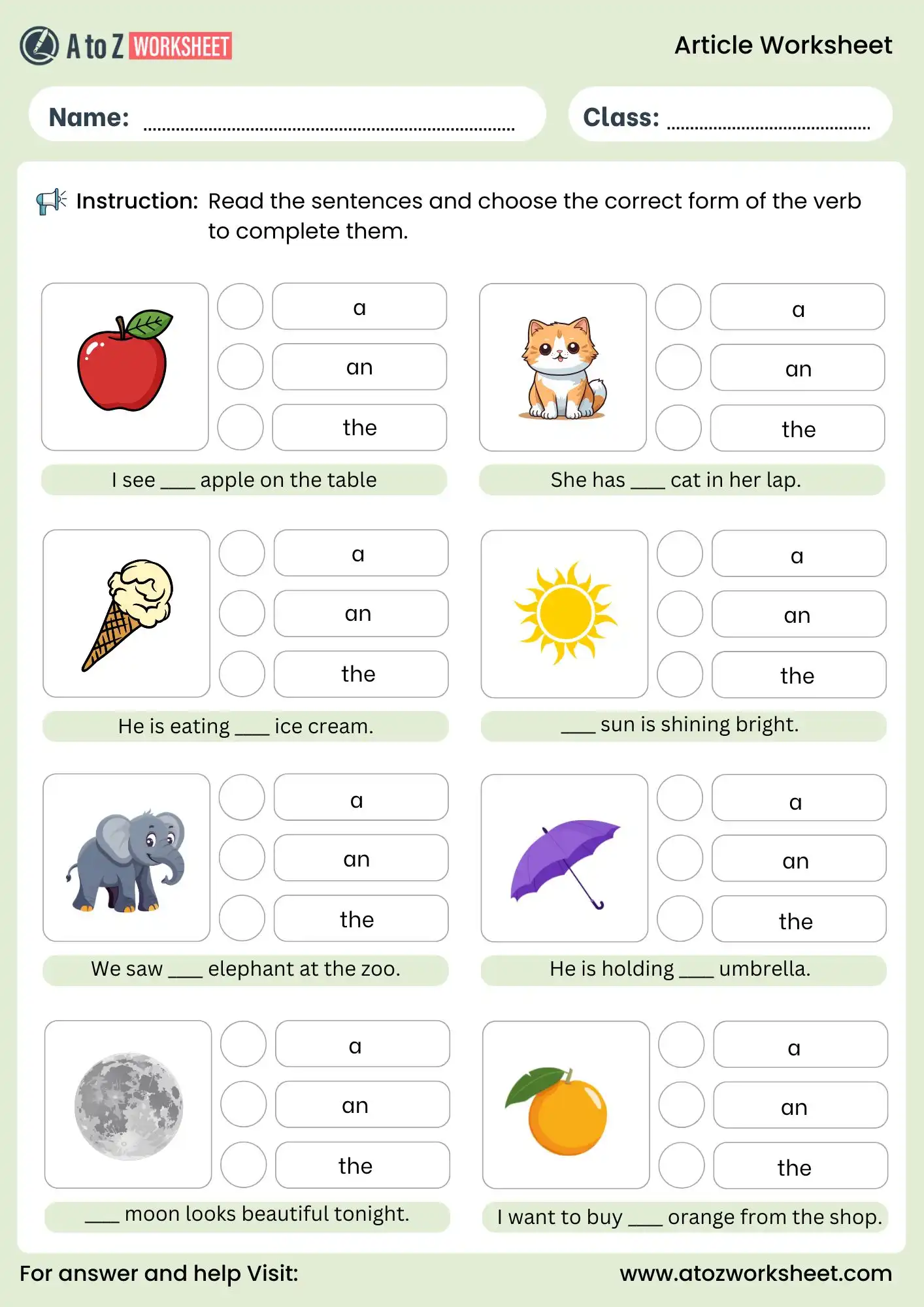 fill in the blanks with articles worksheets with answers for kids