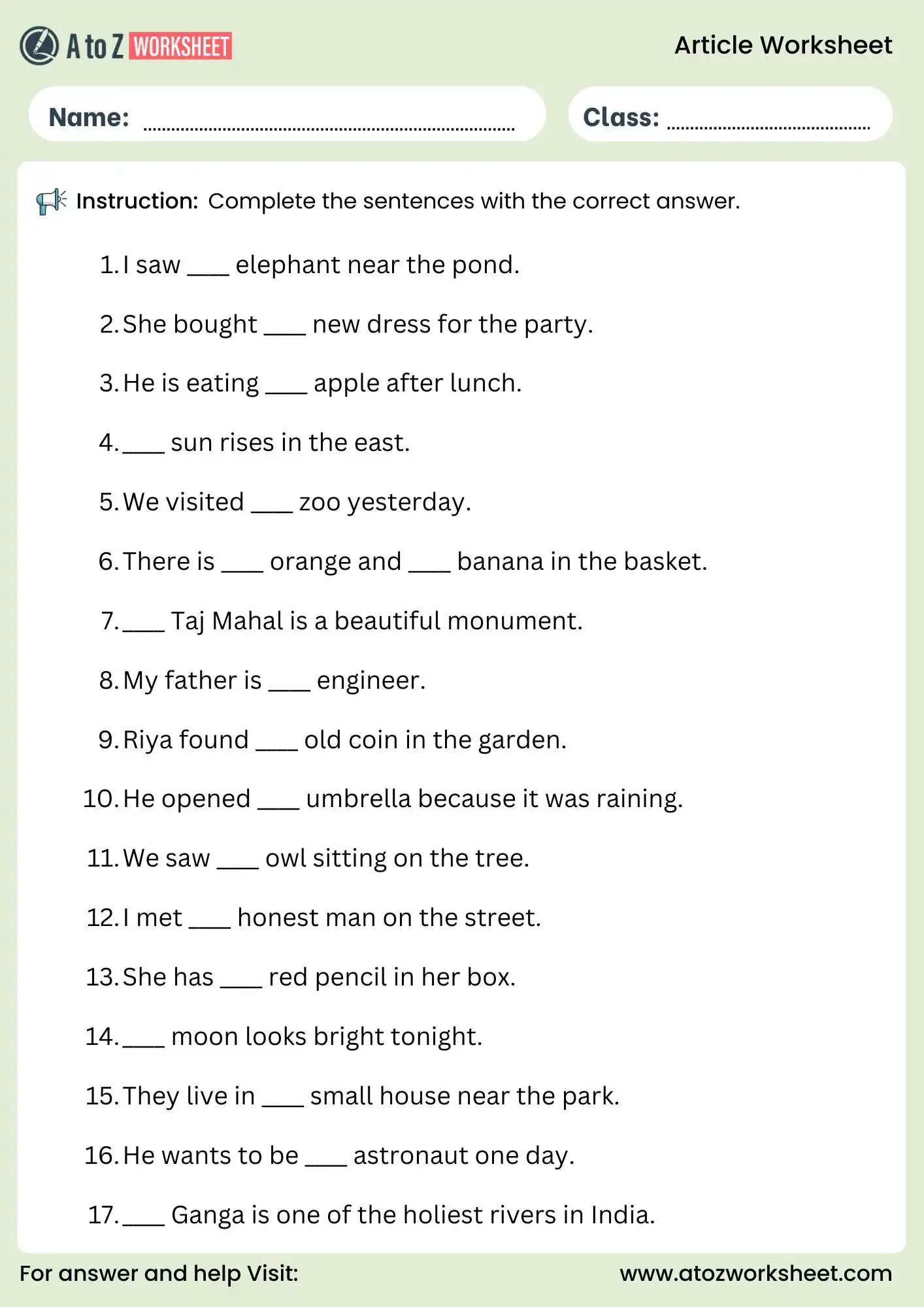 fill in the blanks with articles worksheets with answers for class 3