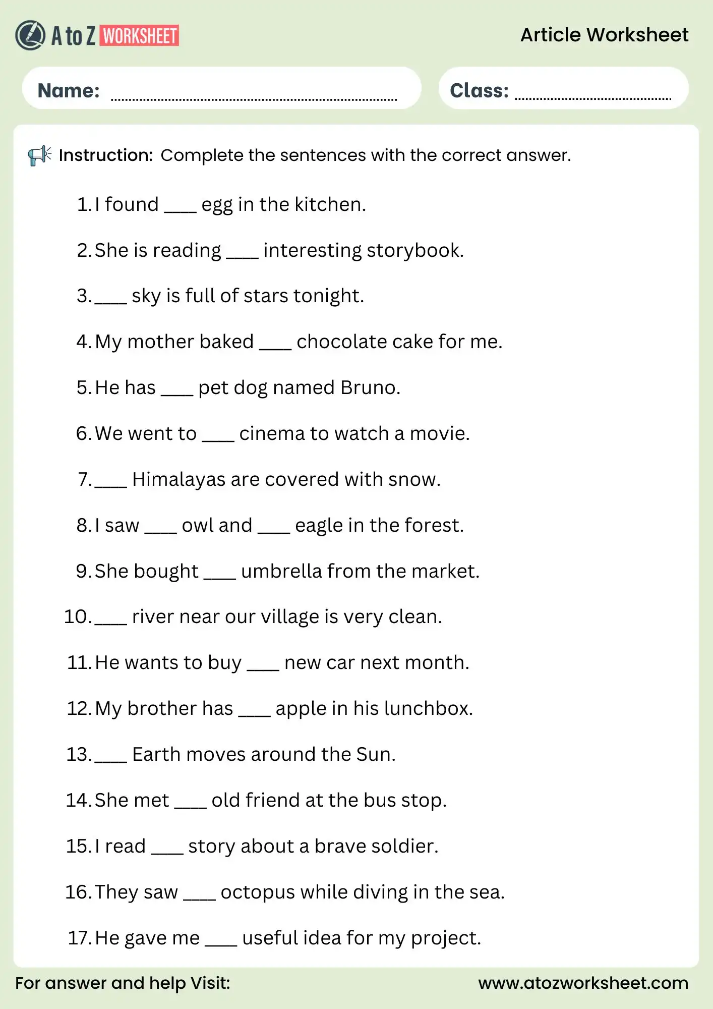 fill in the blanks with articles worksheets with answers for class 4 and class 5