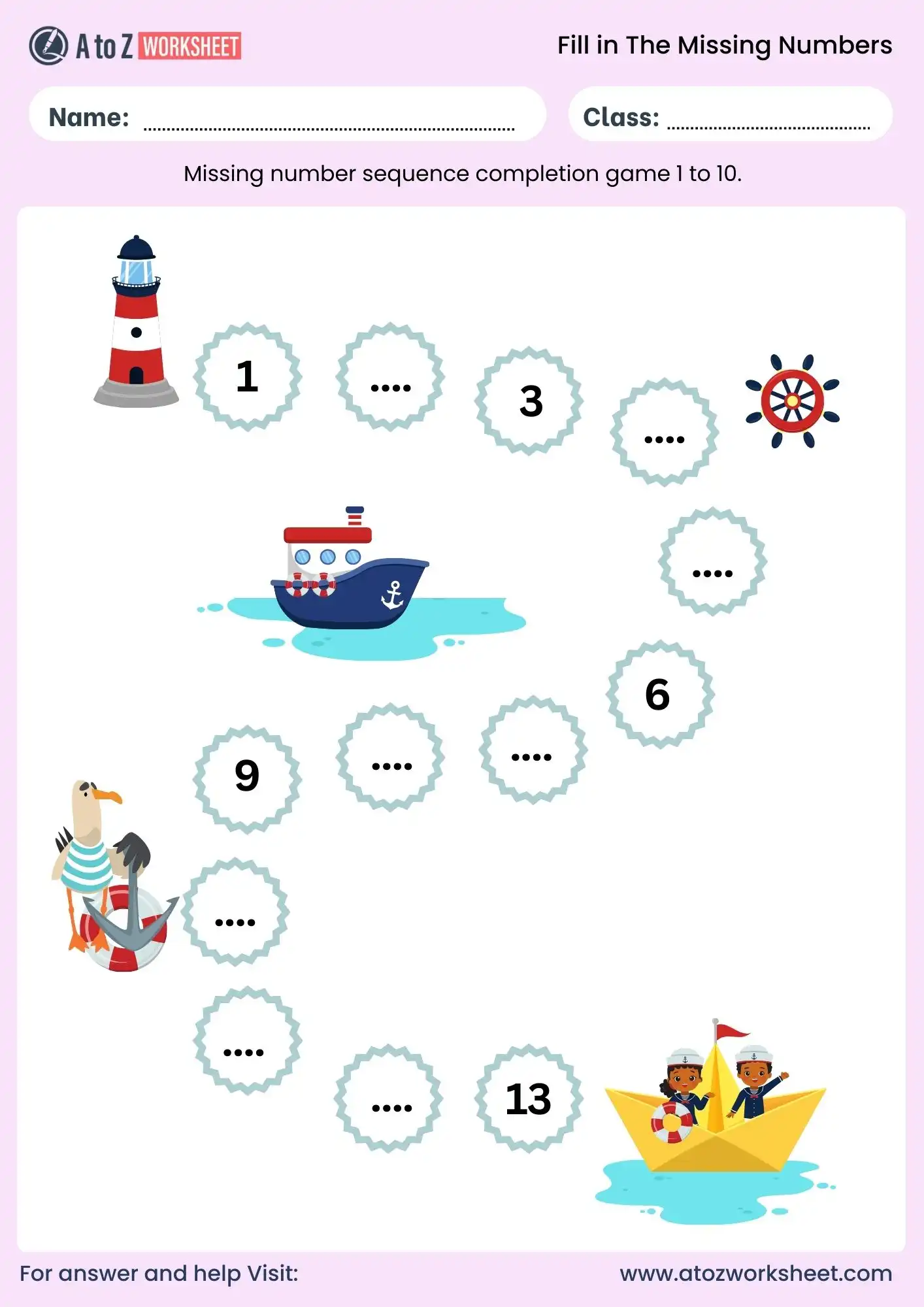 fill in the missing number worksheets nursery sequence 1 to 10
