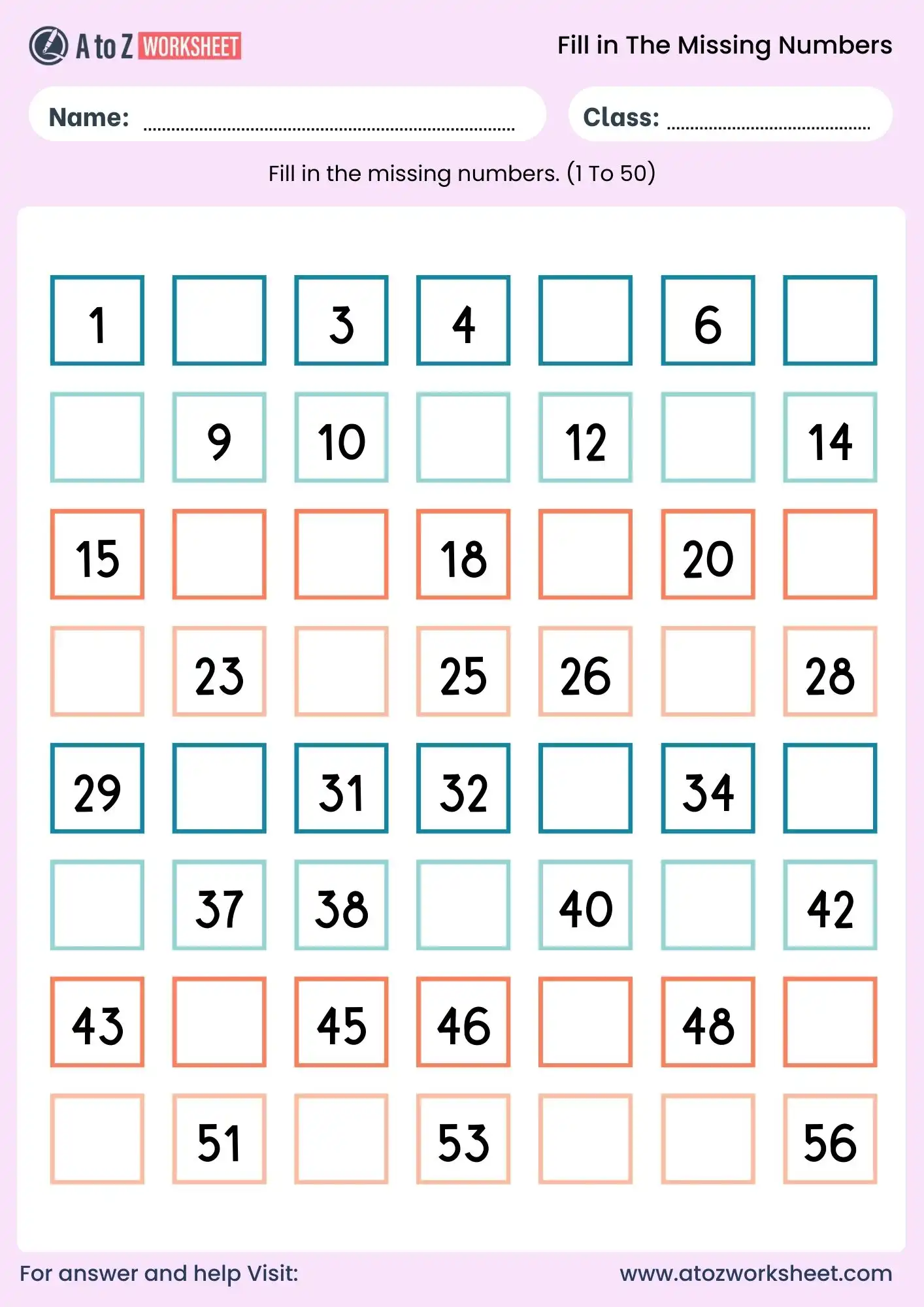 fill in the missing number worksheets ukg sequence 1 to 50