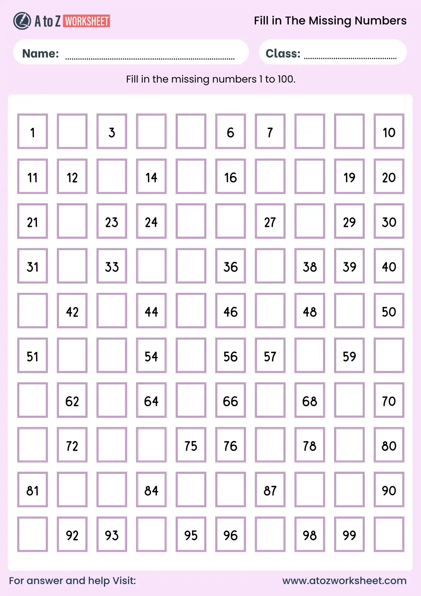 fill in the missing number worksheets grade 1 sequence 1 to 100