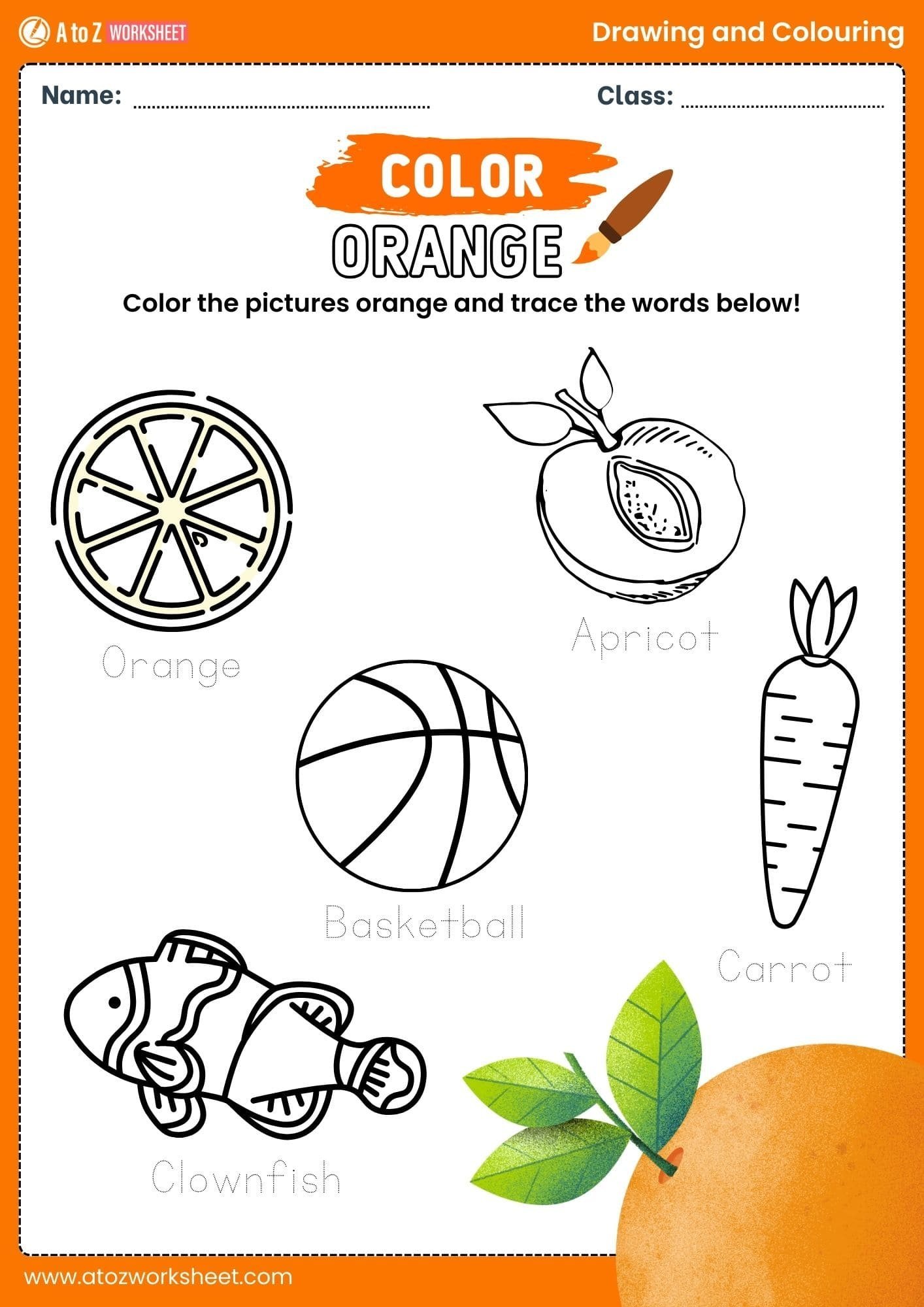 orange fill specific color drawing and colouring worksheets class 2